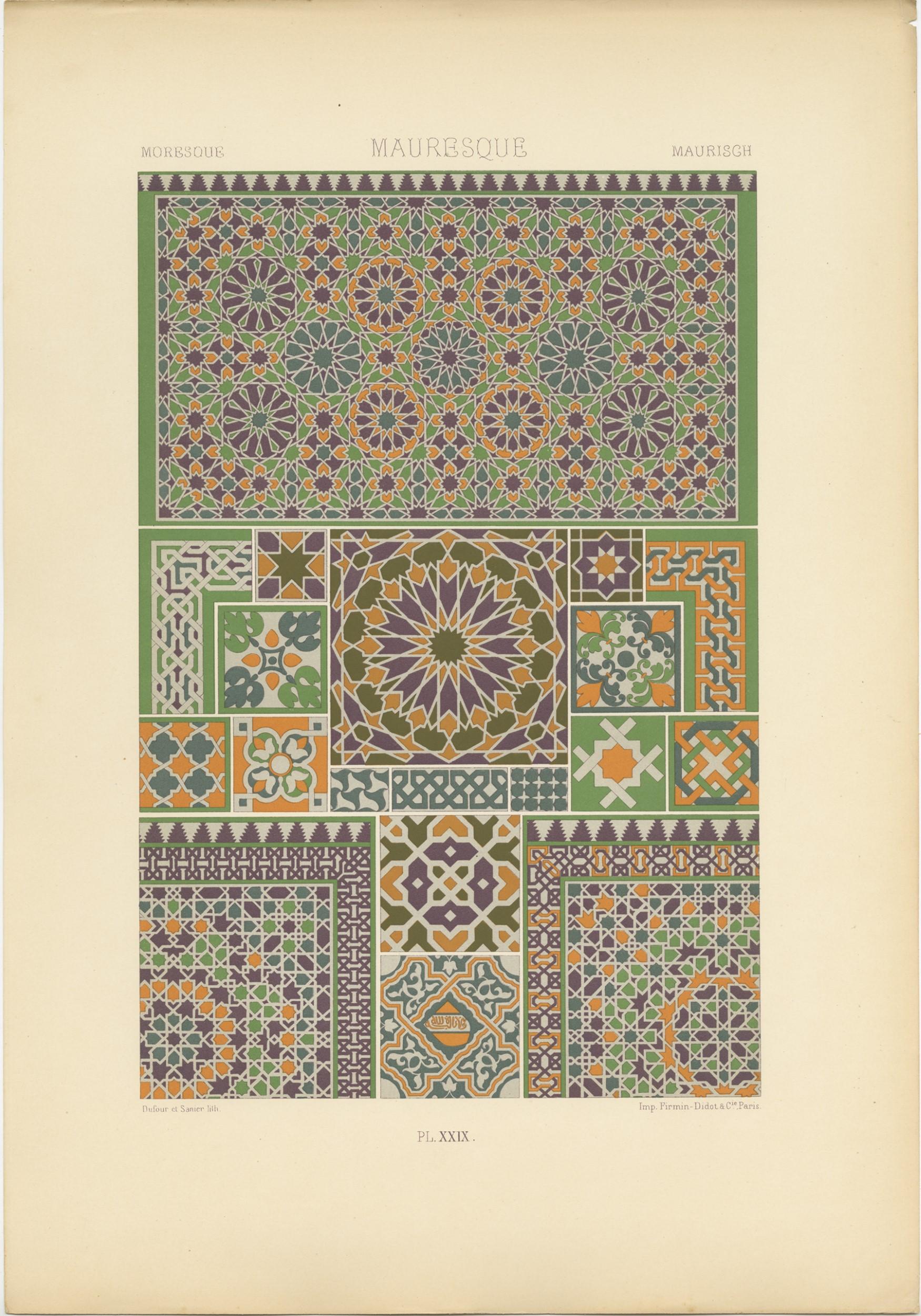 Antique print titled 'Moresque - Mauresque - Maurisch'. Chromolithograph of Moresque ornaments and decorative arts. This print originates from 'l'Ornement Polychrome' by Auguste Racinet. Published circa 1890.