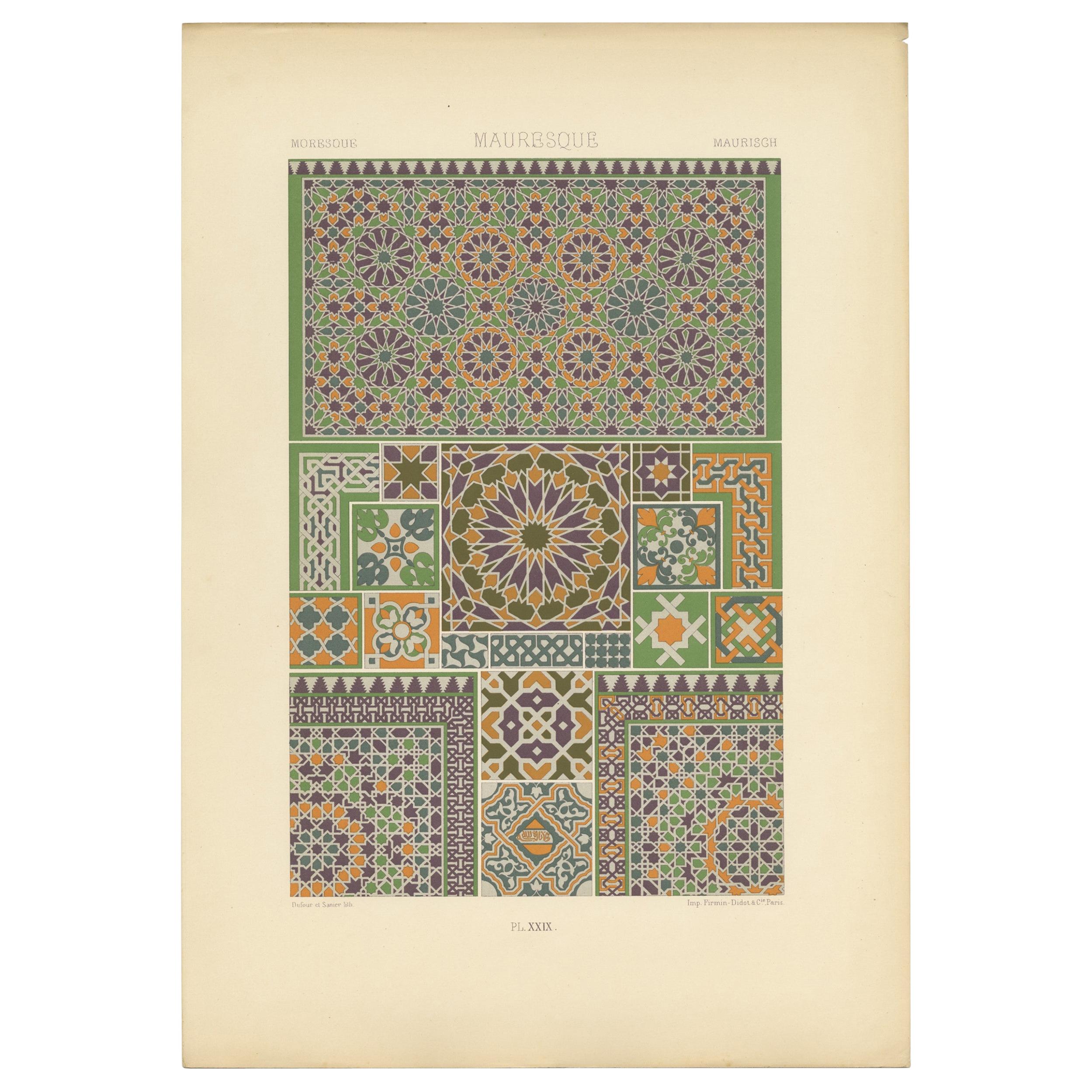 Pl. 29 Antique Print of Moresque Ornaments by Racinet, circa 1890 For Sale
