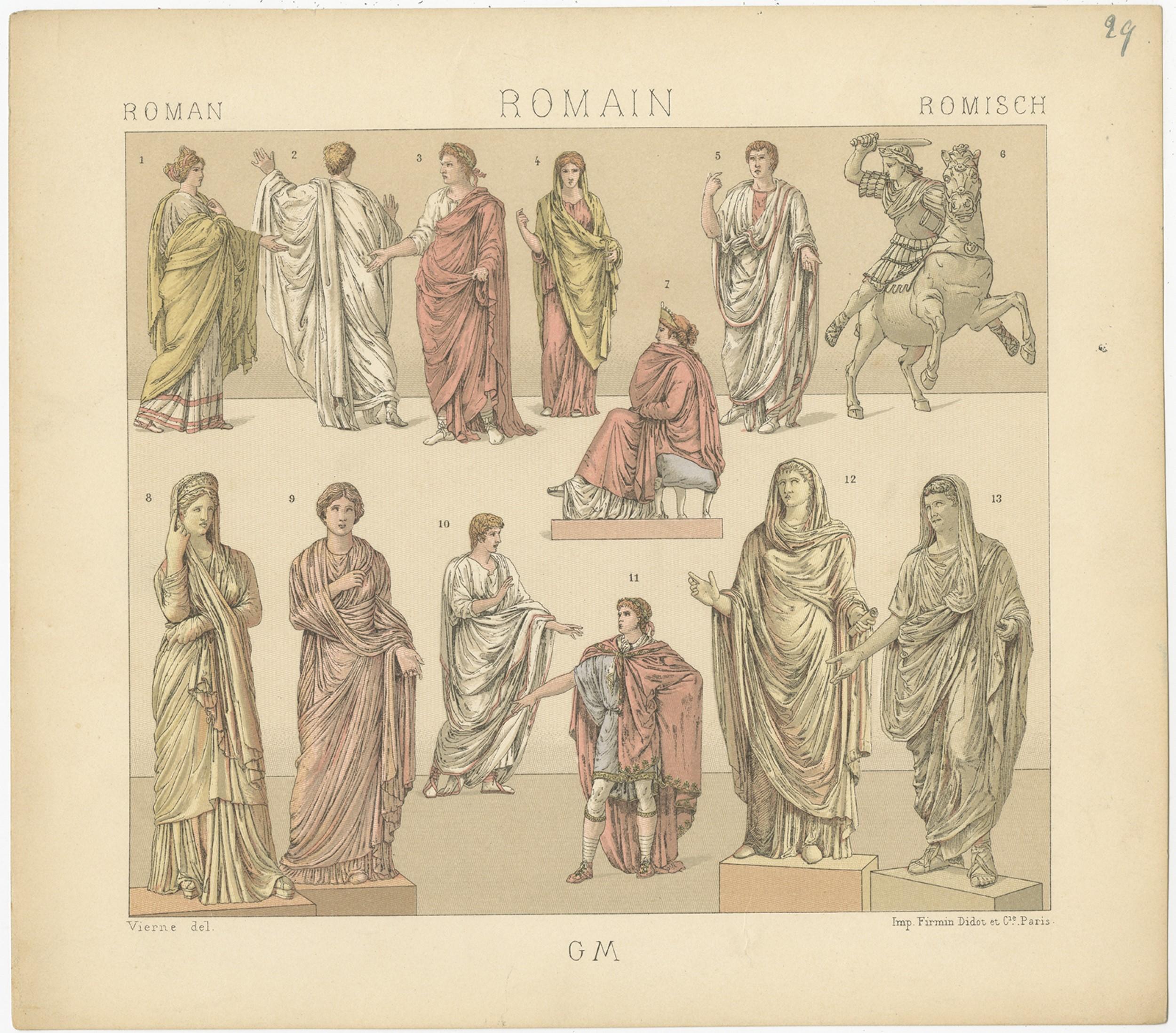 Antique print titled 'Roman - Romain - Romisch'. Chromolithograph of Roman Clothing. This print originates from 'Le Costume Historique' by M.A. Racinet. Published, circa 1880.