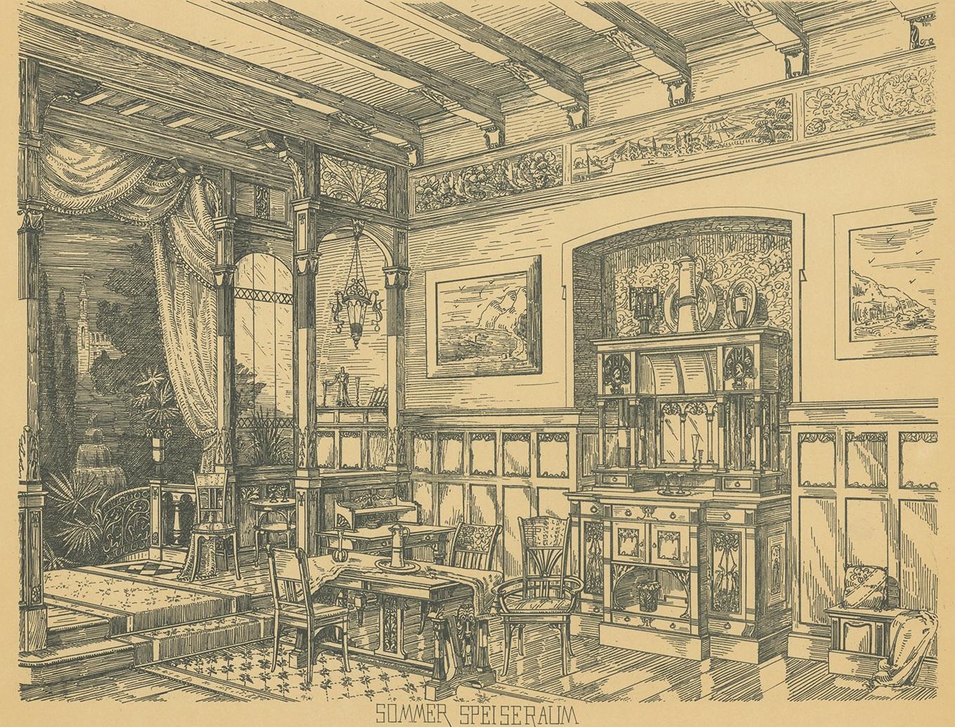 Antique print titled 'Sommer Speiseraum'. Lithograph of a summer dining room. This print originates from 'Det Moderna Hemmet' by Johannes Kramer. Published by Ferdinand Hey'l, circa 1910.