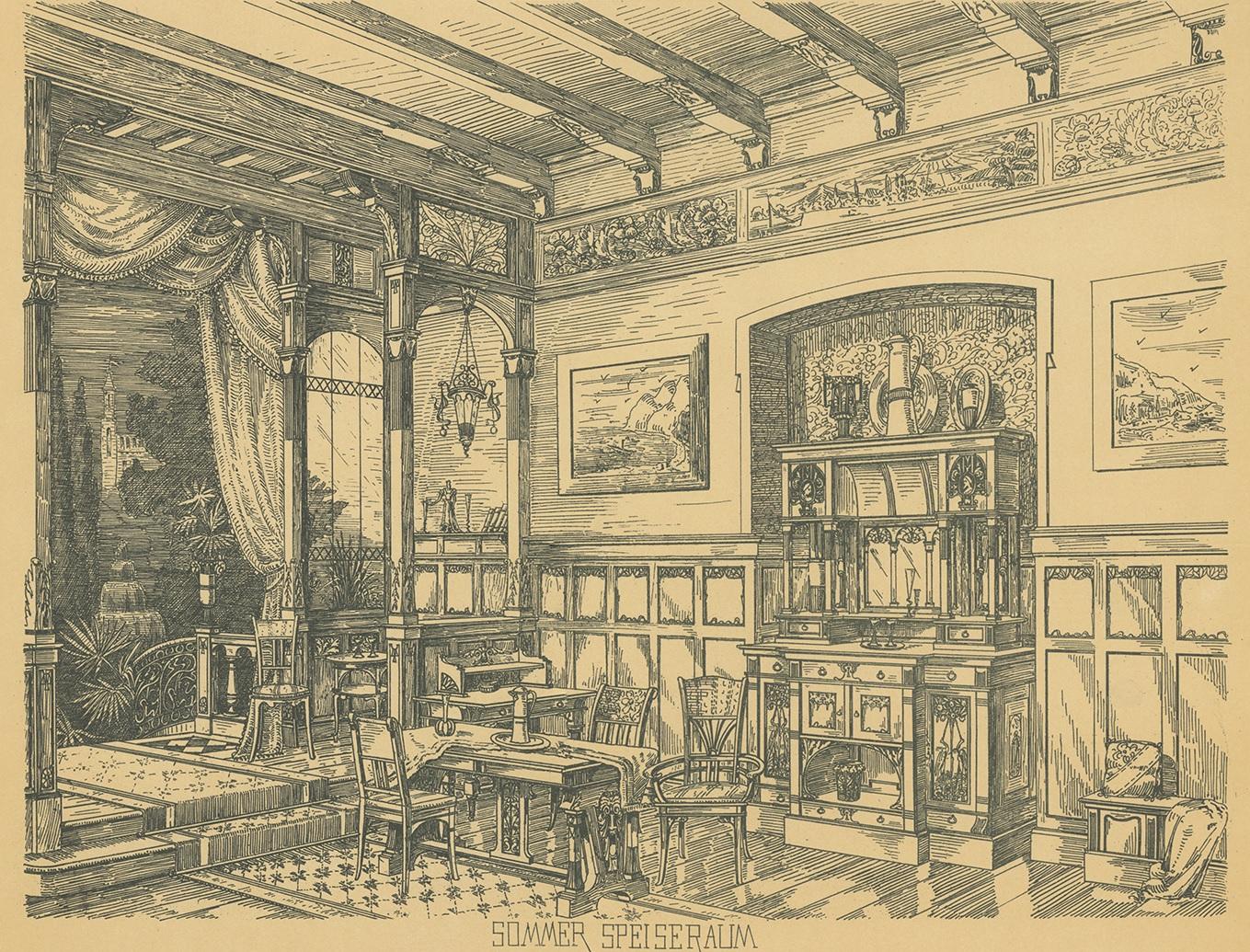 Impression ancienne d'une salle à manger d'été Pl. 3 par Kramer, vers 1910 Bon état - En vente à Langweer, NL