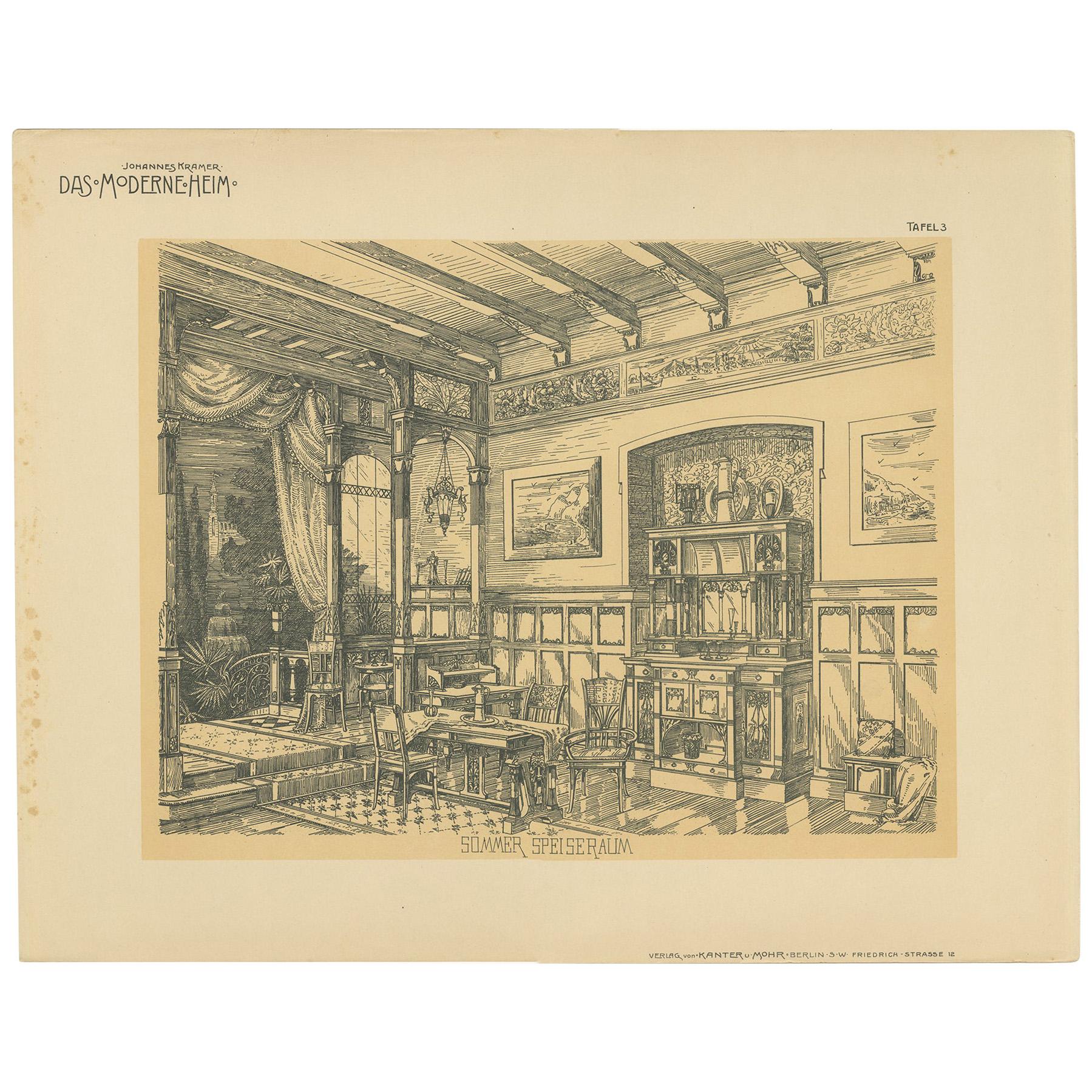 Pl. 3 Antique Print of a Summer Dining Room by Kramer 'circa 1910'