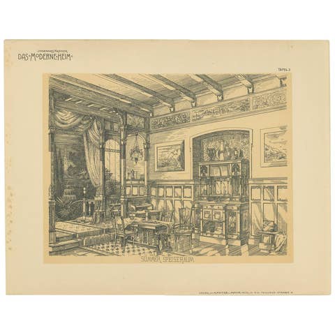 Pl. 3 Antique Print of a Summer Dining Room by Kramer 'circa 1910'