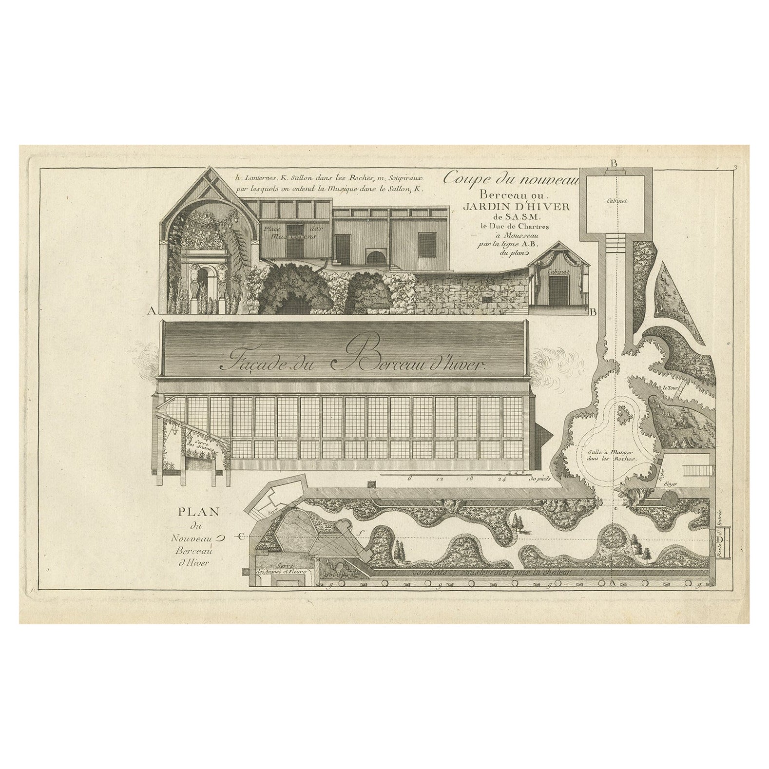 Pl. 3 Antique Print of a Winter Garden by Le Rouge, c.1785