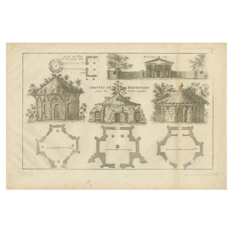 Pl. 3 Antiker Druck von Höhlen und Eremitage für englische Gärten von Le Rouge, ca.1