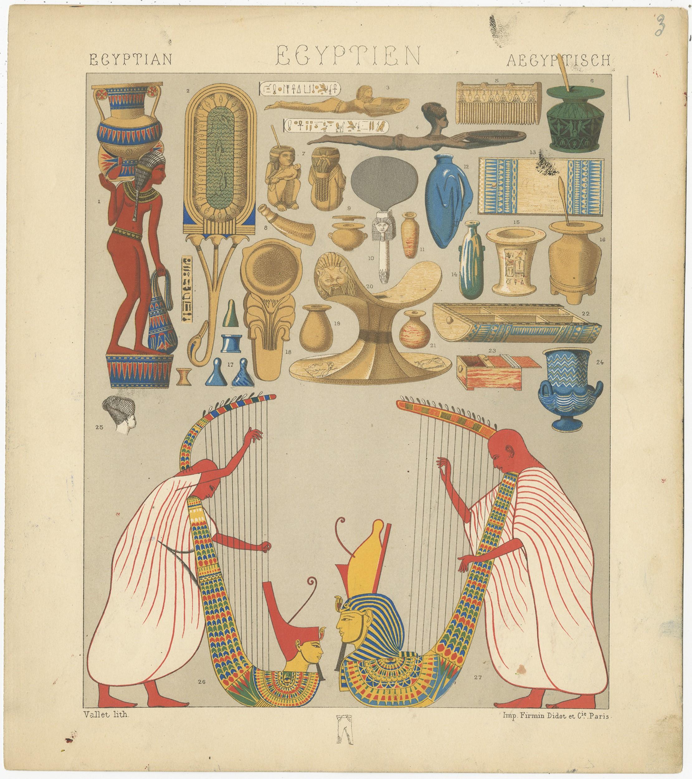 Antique print titled 'Egyptian - Egyptien - Aegyptisch'. Chromolithograph of Egyptian Decorative Objects. This print originates from 'Le Costume Historique' by M.A. Racinet. Published, circa 1880.

  