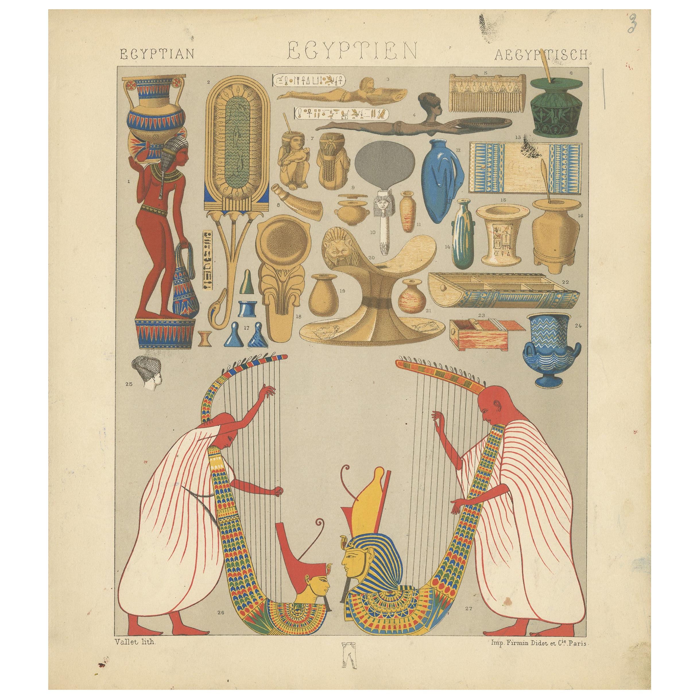 Pl. 3 Antique Print of Egyptian Decorative Objects by Racinet, 'circa 1880' For Sale