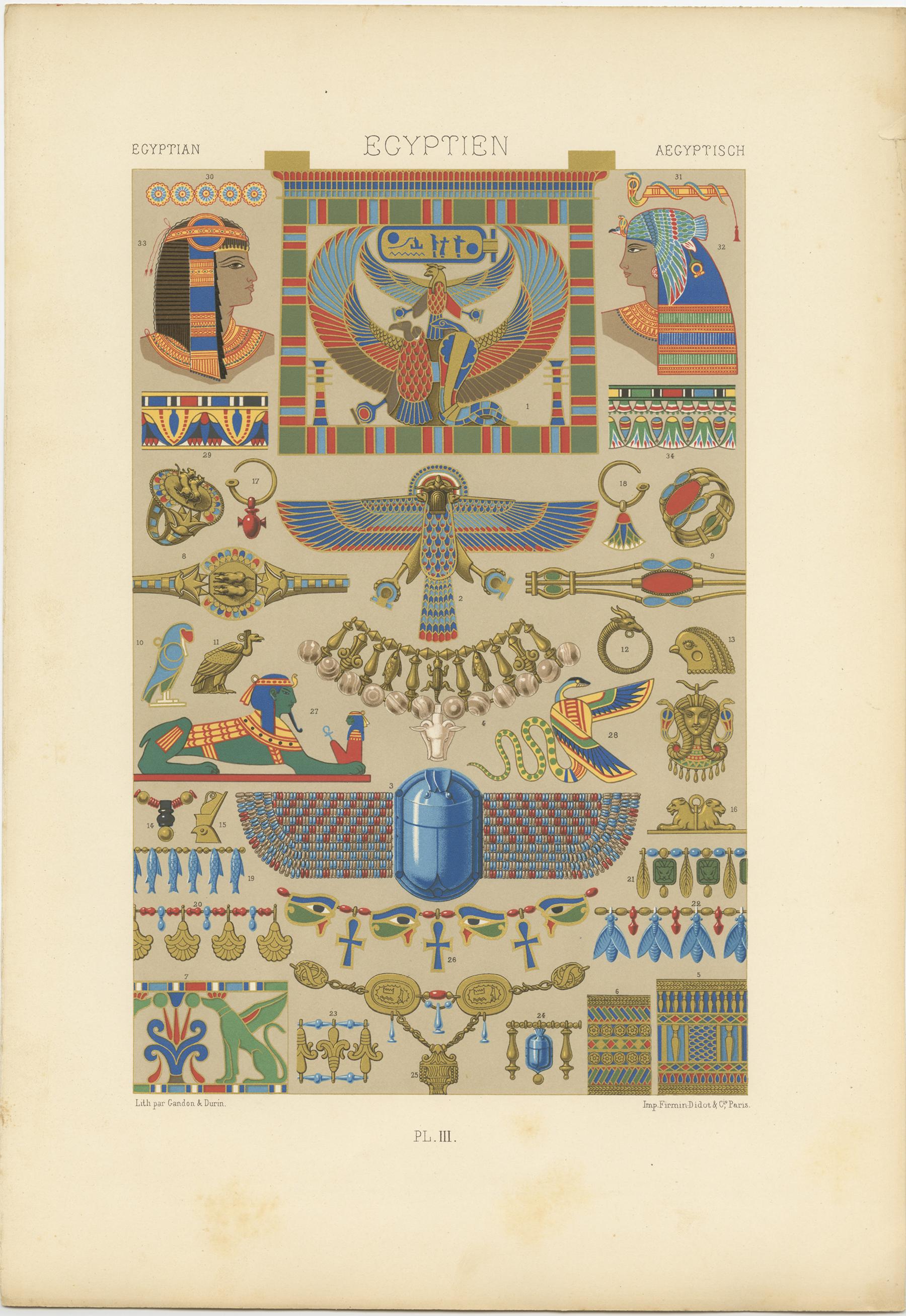 Antique print titled 'Egyptian - Egyptien - Aegyptisch'. Chromolithograph of Egyptian ornaments and decorative arts. This print originates from 'l'Ornement Polychrome' by Auguste Racinet. Published, circa 1890.