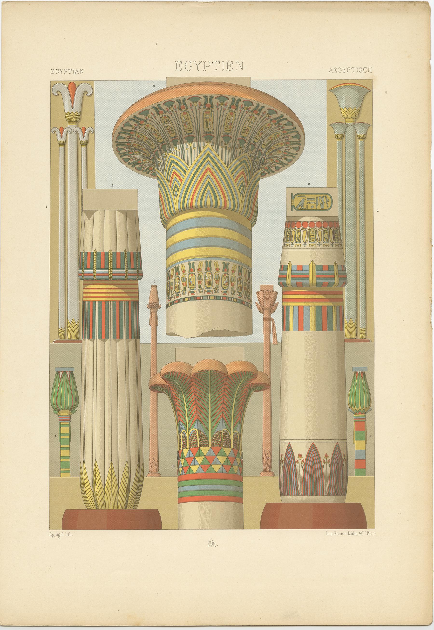 Antique print titled 'Egyptian - Egyptien - Aegyptisch'. Chromolithograph of Egyptian columns and colonnettes with plant motifs ornaments. This print originates from 'l'Ornement Polychrome' by Auguste Racinet. Published circa 1890.