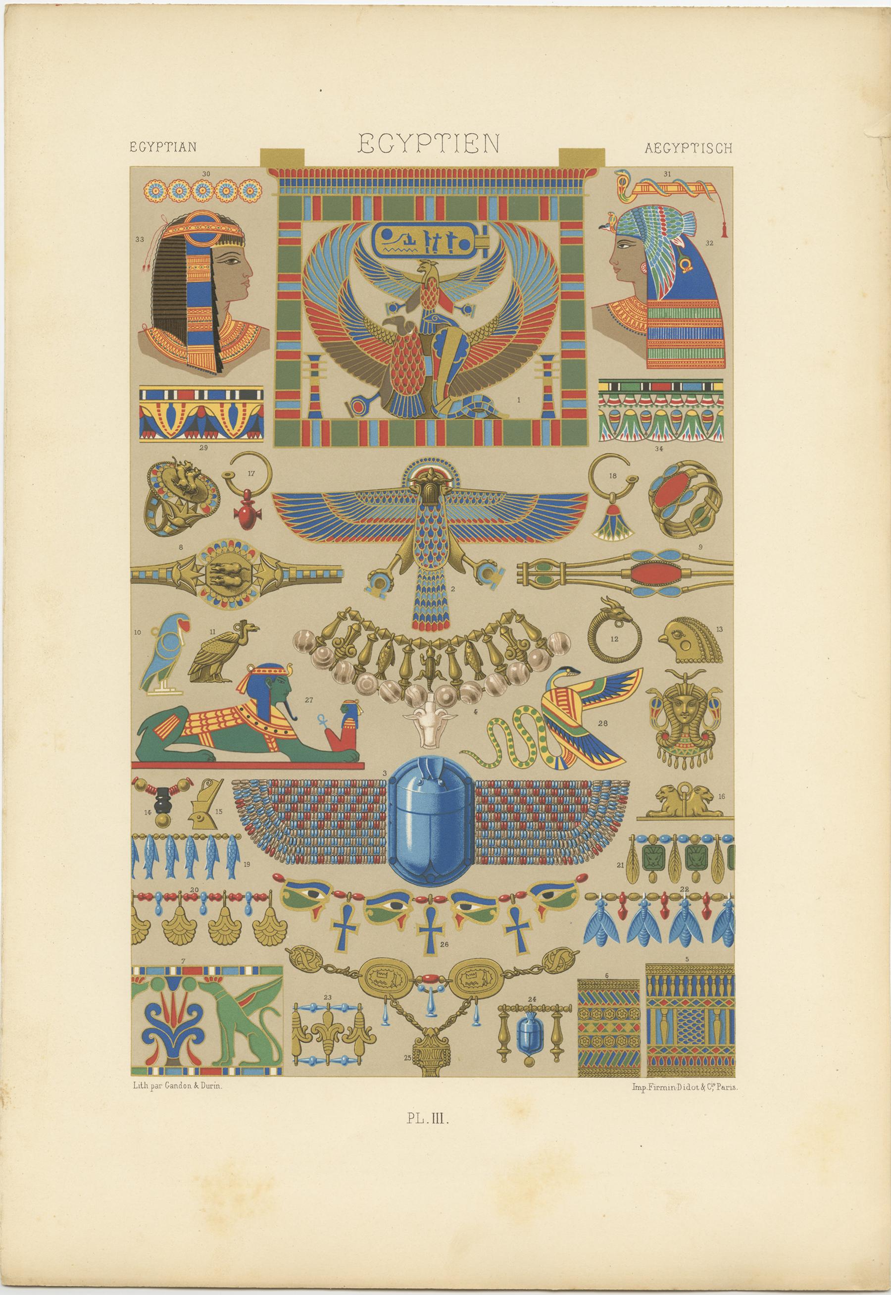 Pl. 3 Stampa antica di ornamenti egiziani di Racinet, 