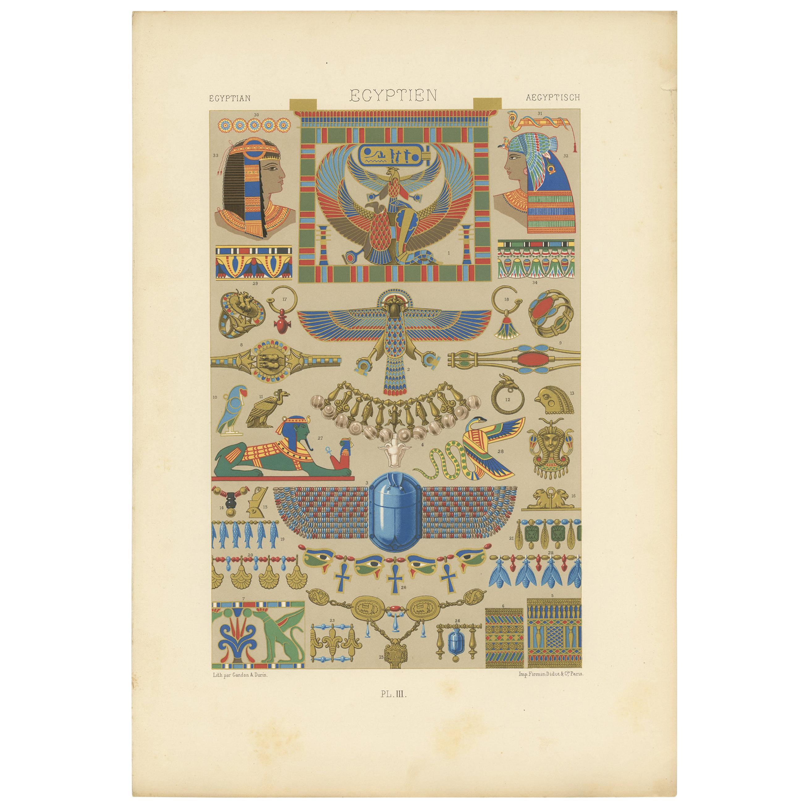 Pl. 3 Antique Print of Egyptian Ornaments by Racinet, 'circa 1890'