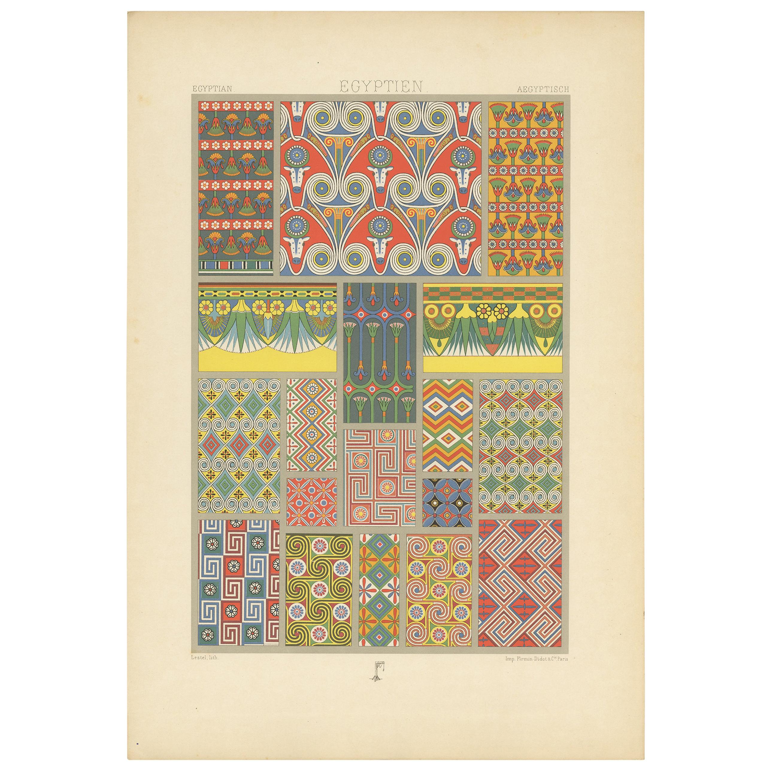 Pl. 3 Antique Print of Egyptian Painted Tomb Ceiling by Racinet, 'circa 1890'