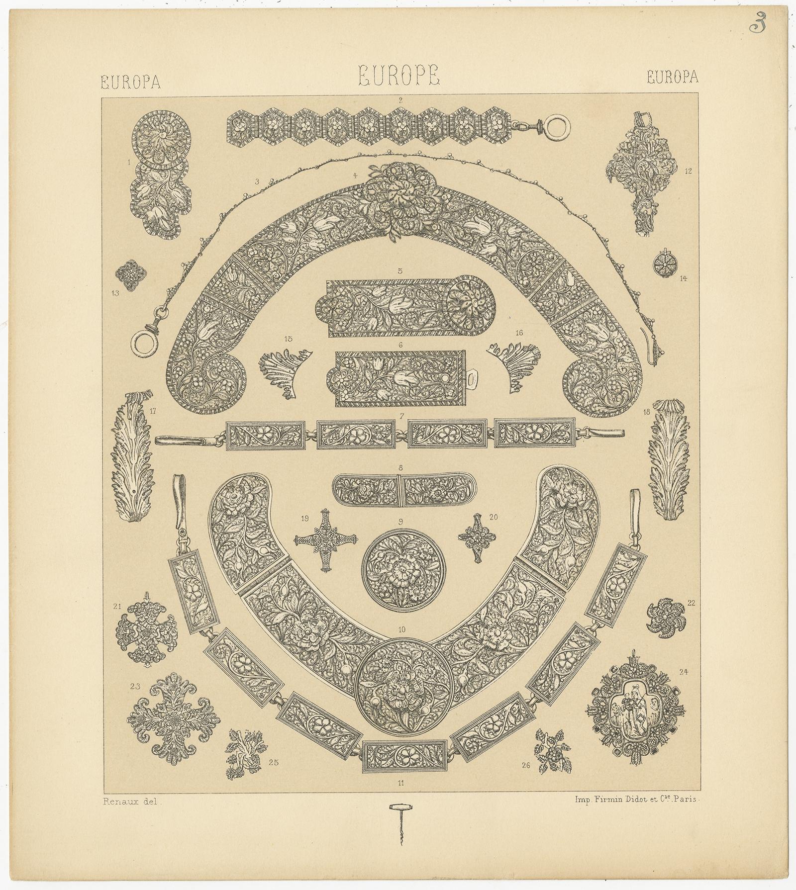 Antique print titled 'Europa- Europe - Europa'. Chromolithograph of European Decorative Objects. This print originates from 'Le Costume Historique' by M.A. Racinet. Published, circa 1880.