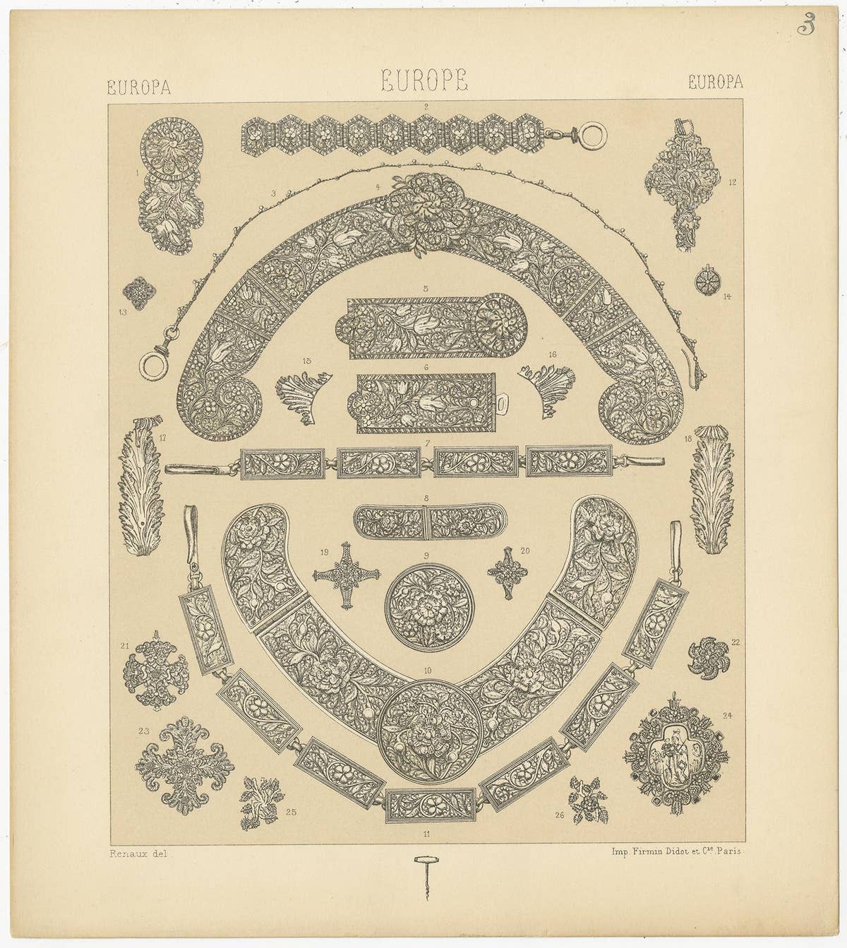 Pl 3 Antique Print of European Decorative Objects by Racinet, 'circa 1880'