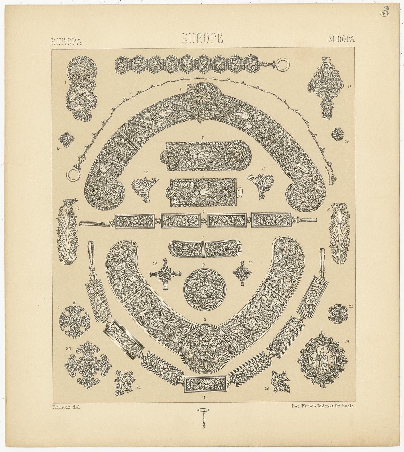 Pl 3 Impression ancienne d'objets décoratifs européens par Racinet, vers 1880 Bon état - En vente à Langweer, NL