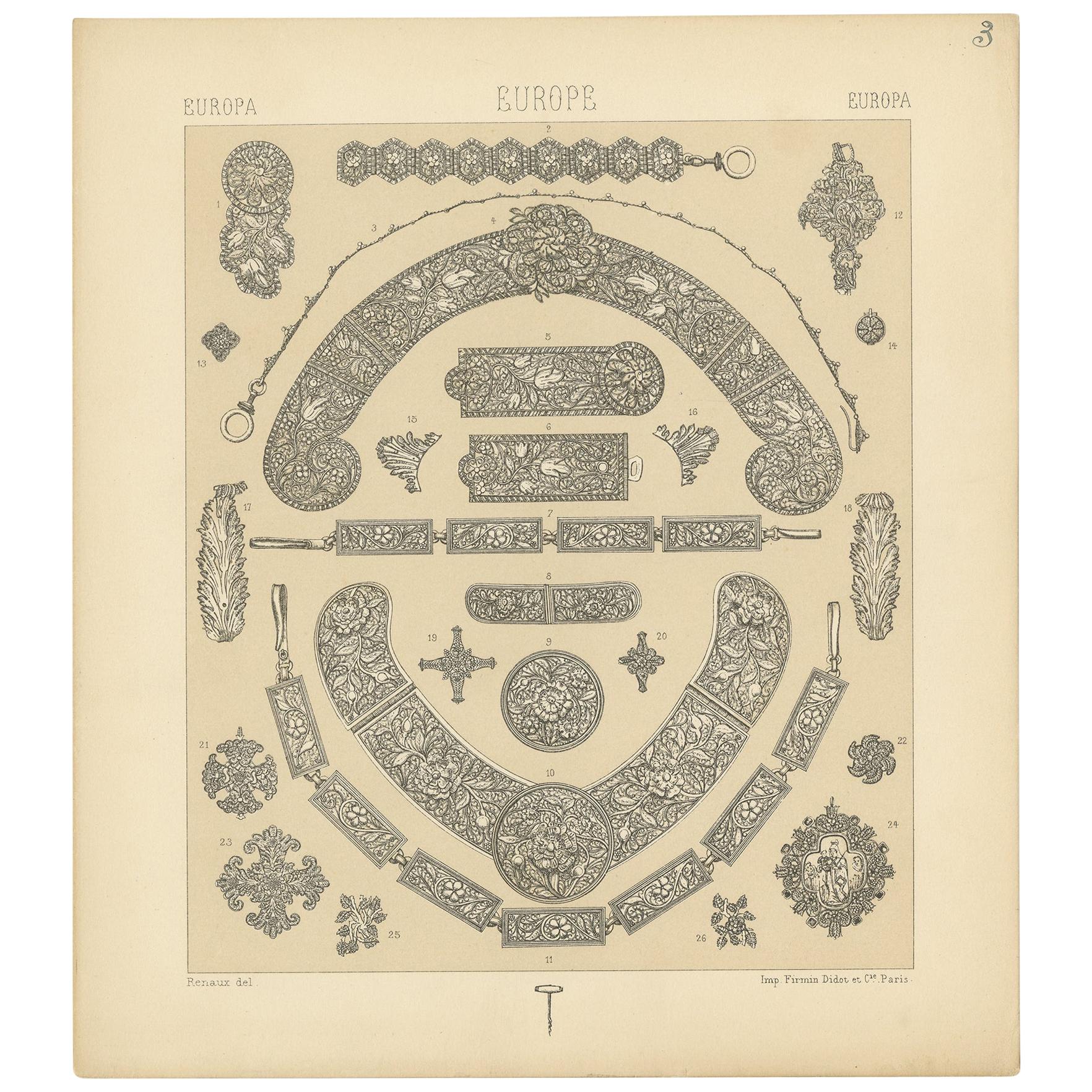 Pl 3 Antiker Druck europäischer Deko-Objekte von Racinet, um 1880