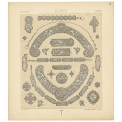 Pl 3 Grabado antiguo de objetos decorativos europeos de Racinet, "circa 1880