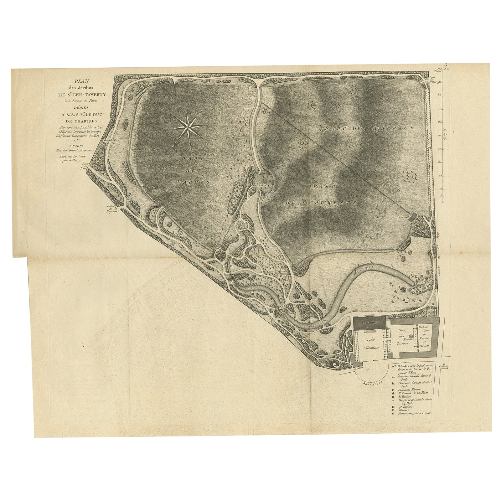 Impression ancienne Pl. 3 des jardins de Saint-Leu-Taverny par Le Rouge, vers 1785