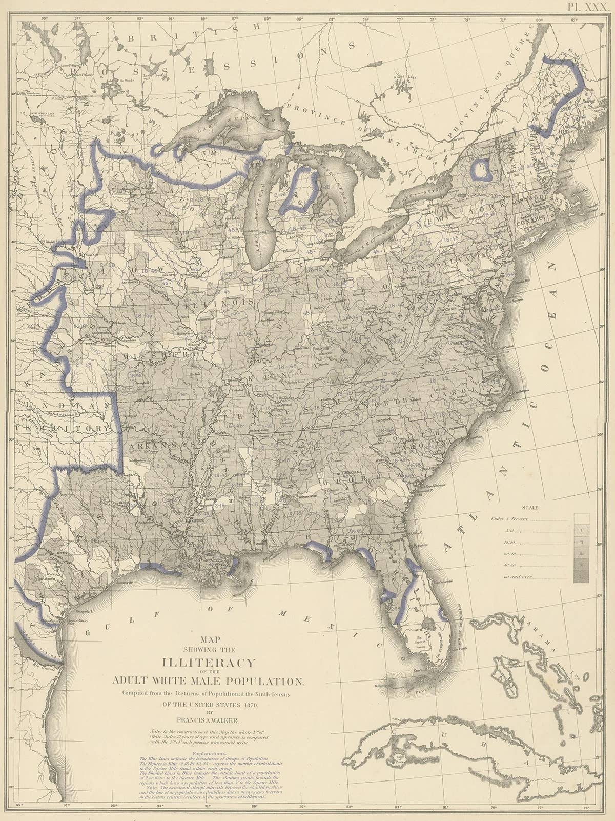 Antique Chart of the US Adult Male Illiteracy in 1870, '1874'