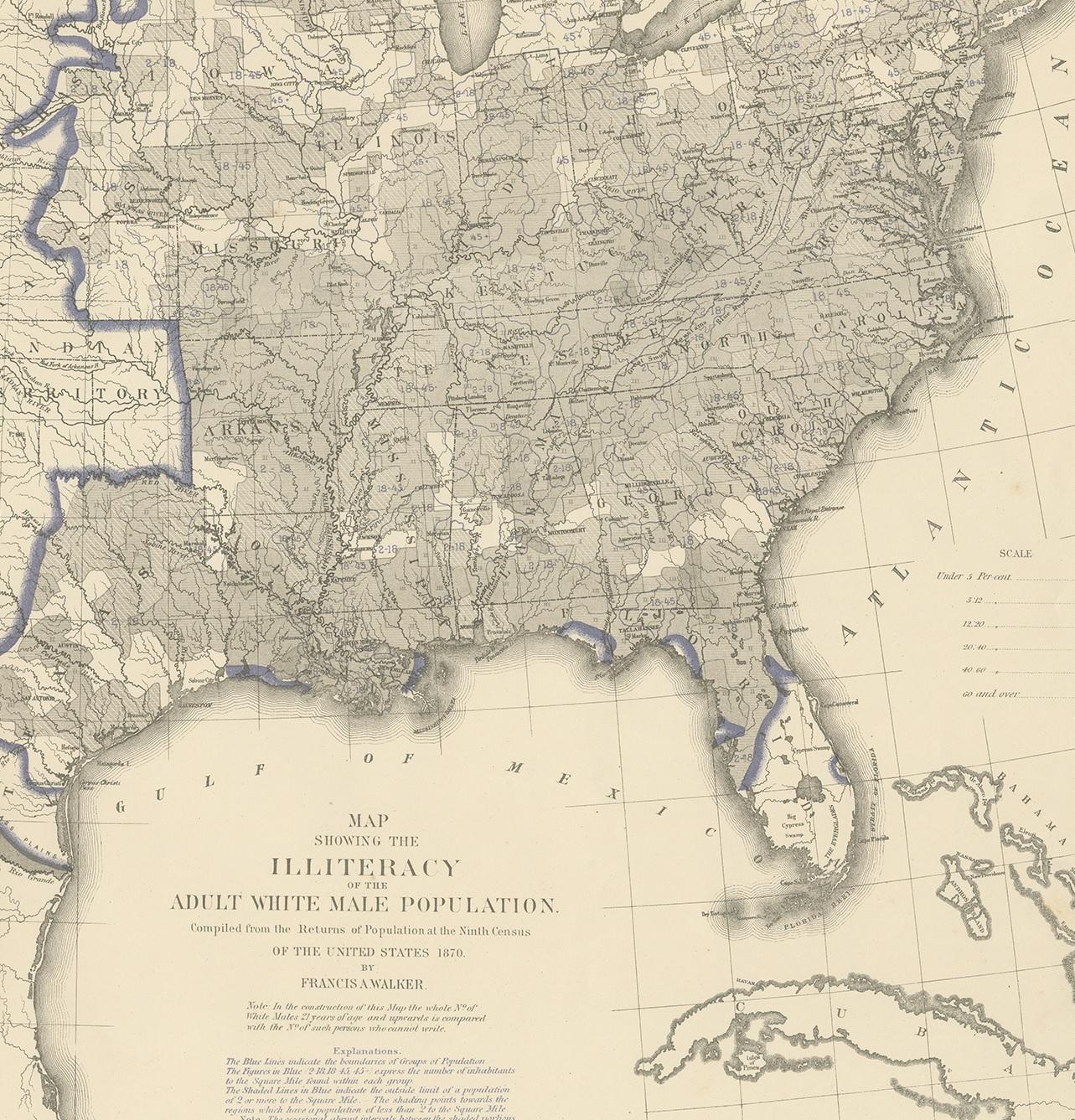 XIX secolo Grafico antico dell'analfabetismo maschile adulto negli Stati Uniti nel 1870, '1874'. in vendita
