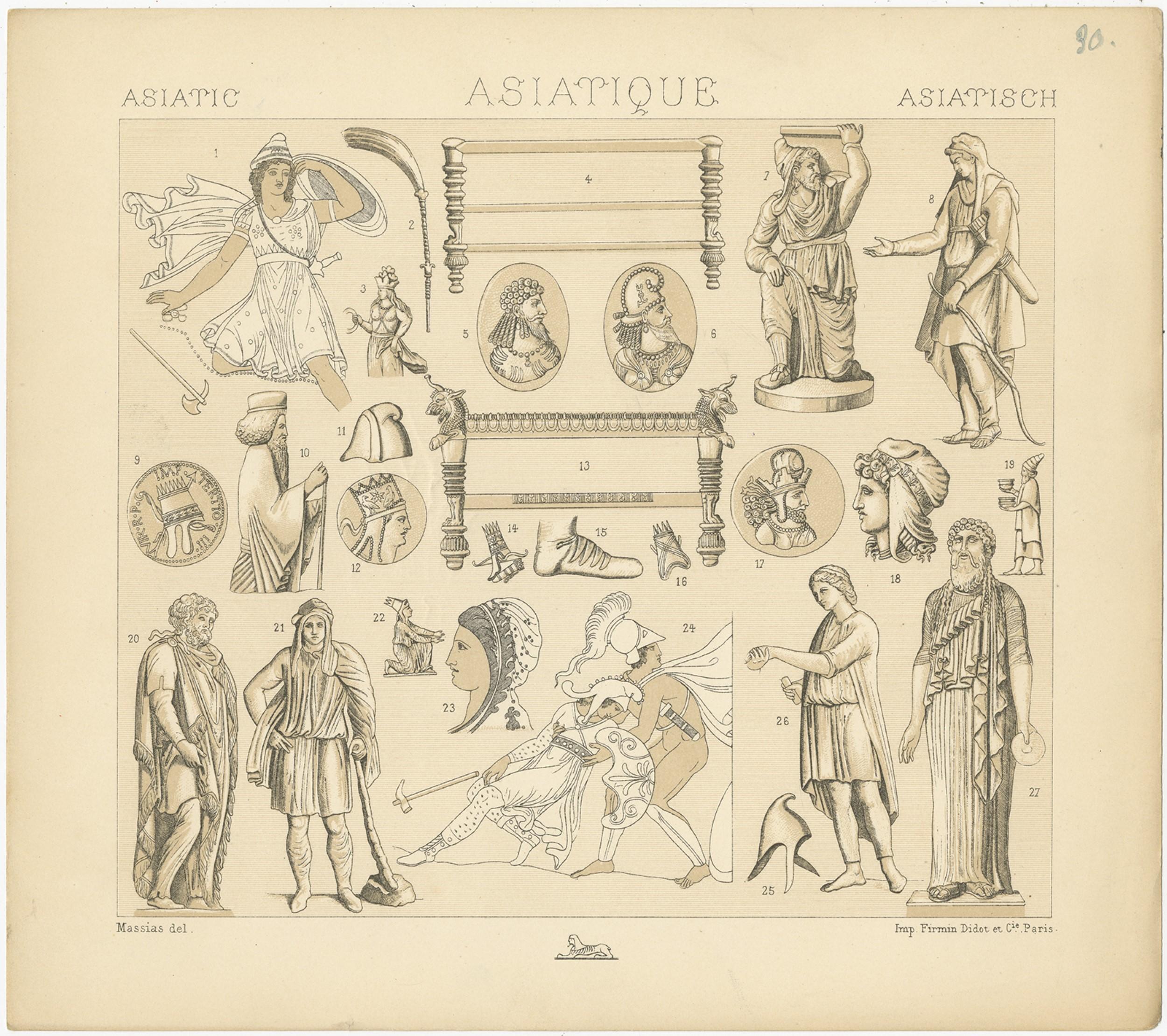 Antique print titled 'Asiatic - Asiatique - Asiatisch'. Chromolithograph of Asiatic Decorative Objects. This print originates from 'Le Costume Historique' by M.A. Racinet. Published, circa 1880.