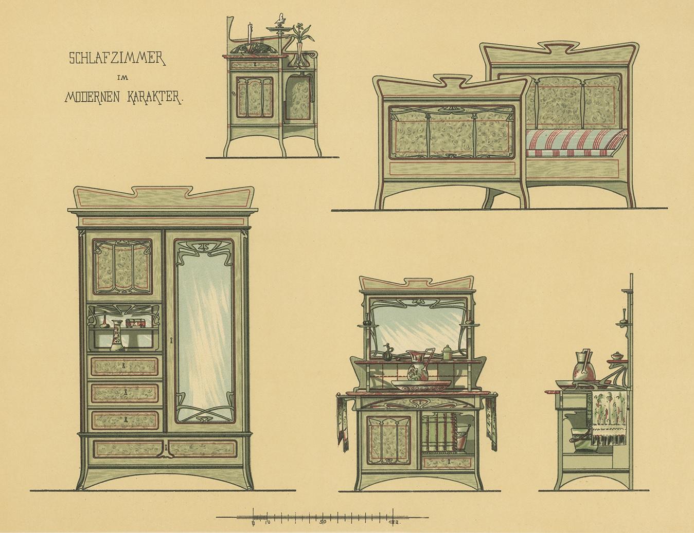 Antique print titled 'Schlafzimmer im Modernen Karakter'. Lithograph of bedroom furniture. This print originates from 'Det Moderna Hemmet' by Johannes Kramer. Published by Ferdinand Hey'l, circa 1910.