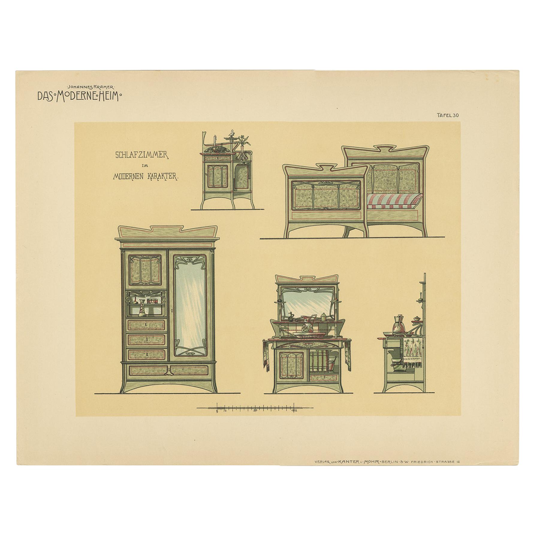 Impression ancienne de meubles de chambre à coucher Pl. 30 par Kramer, vers 1910