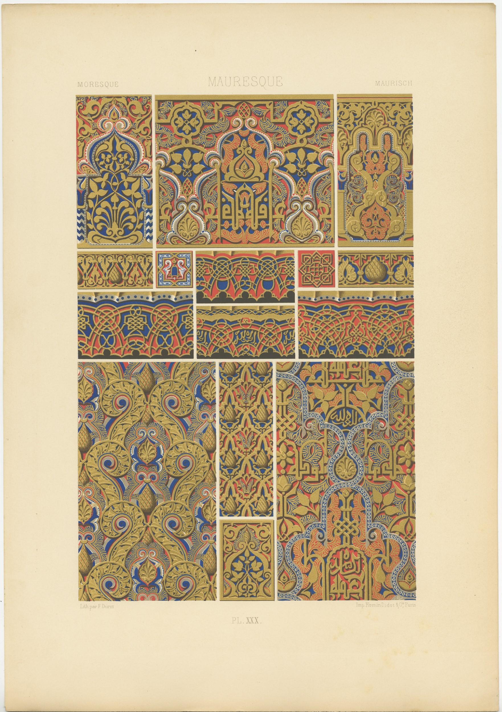 Antique print titled 'Moresque - Mauresque - Maurisch'. Chromolithograph of Moresque ornaments and decorative arts. This print originates from 'l'Ornement Polychrome' by Auguste Racinet. Published circa 1890.