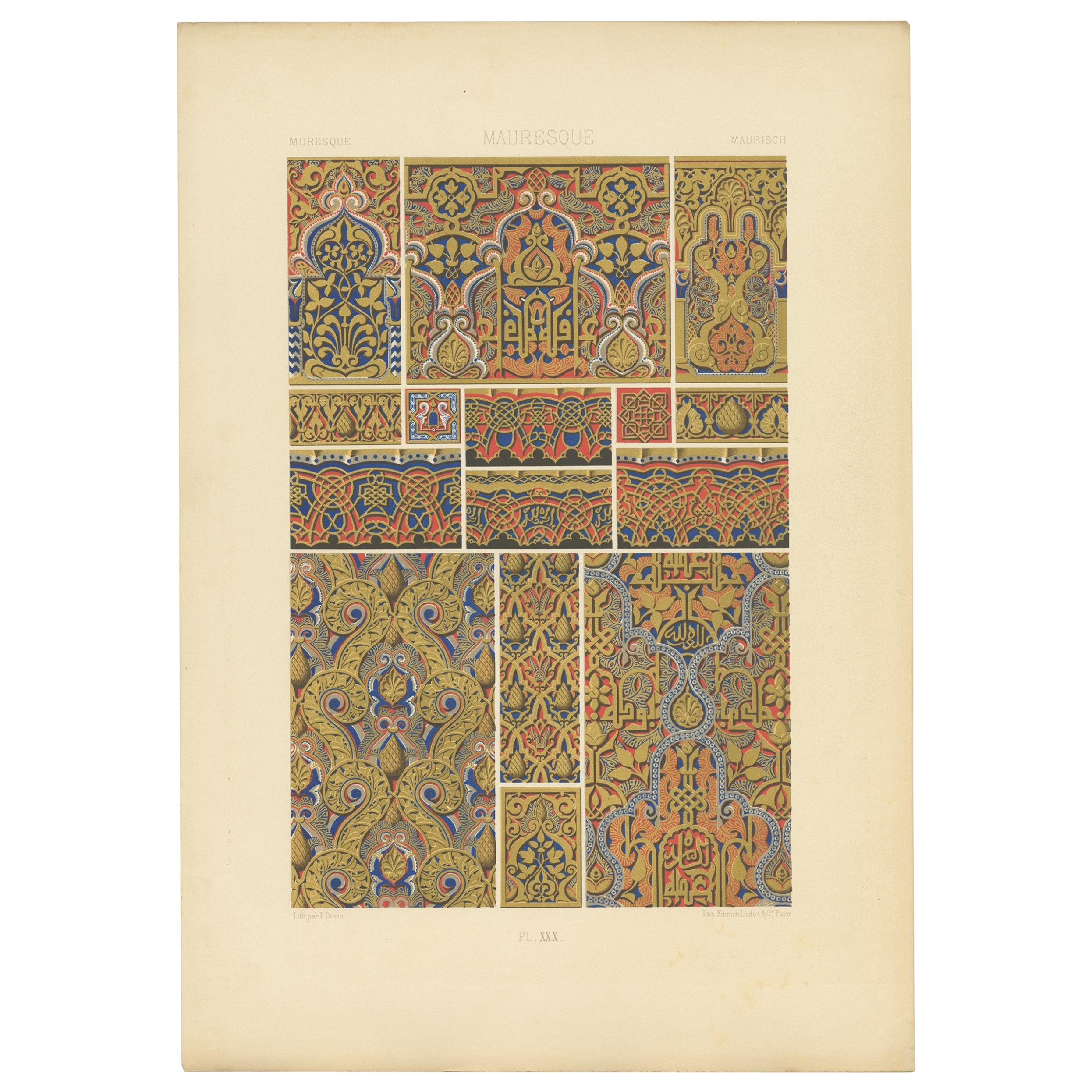 Estampa decorativa antigua de ornamentos morescos, circa 1890 en venta