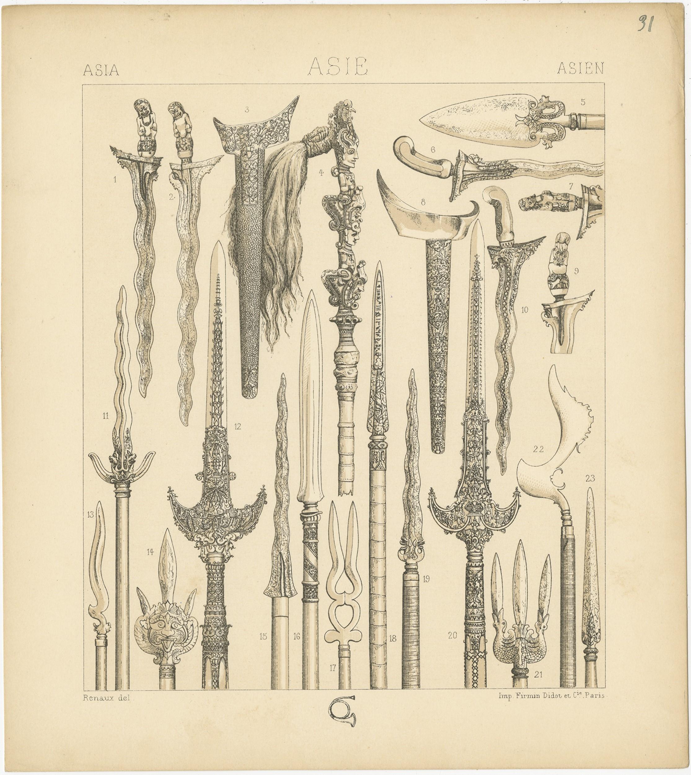 Antique print titled 'Asia - Asie - Asien'. Chromolithograph of Asian swords. This print originates from 'Le Costume Historique' by M.A. Racinet. Published, circa 1880.