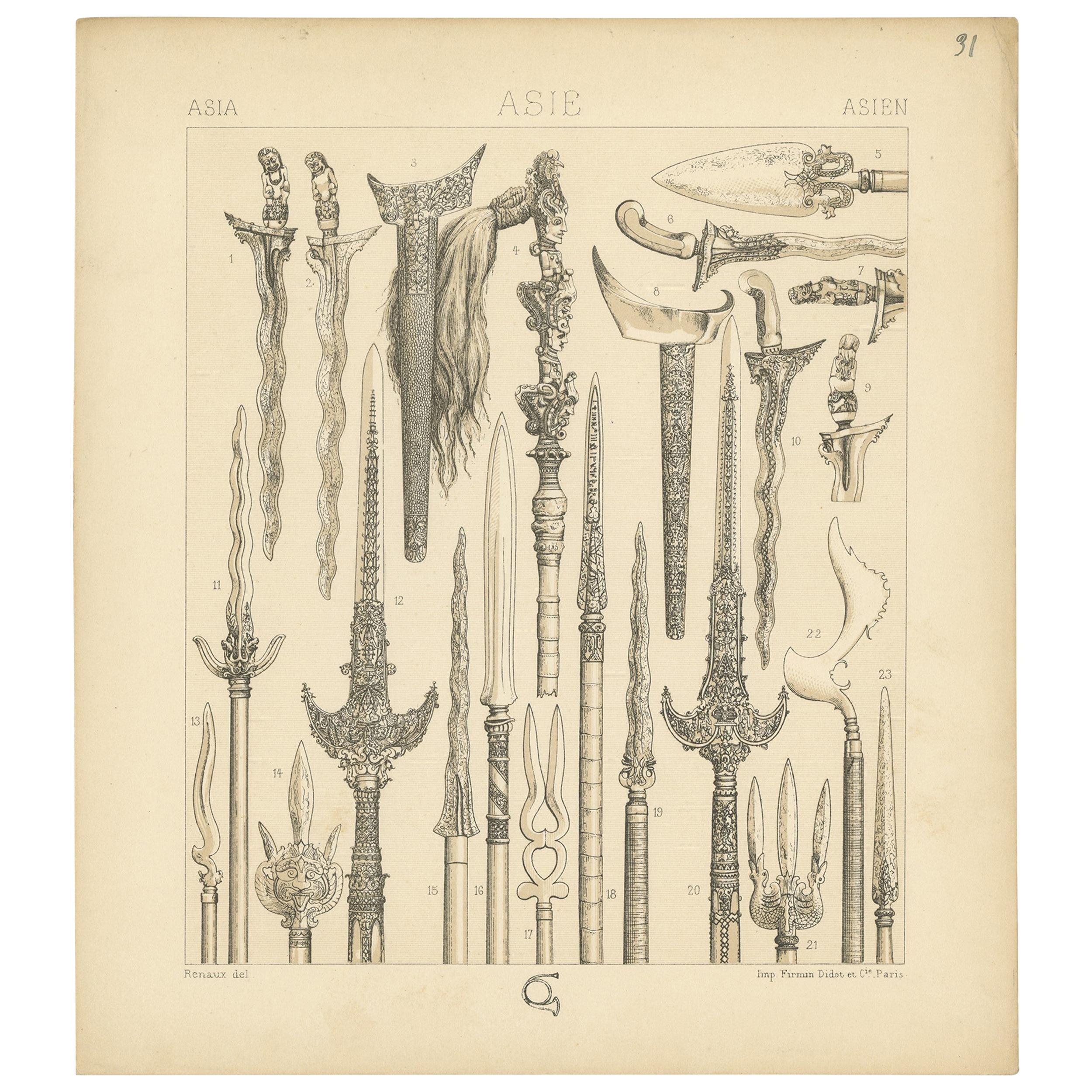 Pl. 31 Antique Print of Asian Swords by Racinet, 'circa 1880'