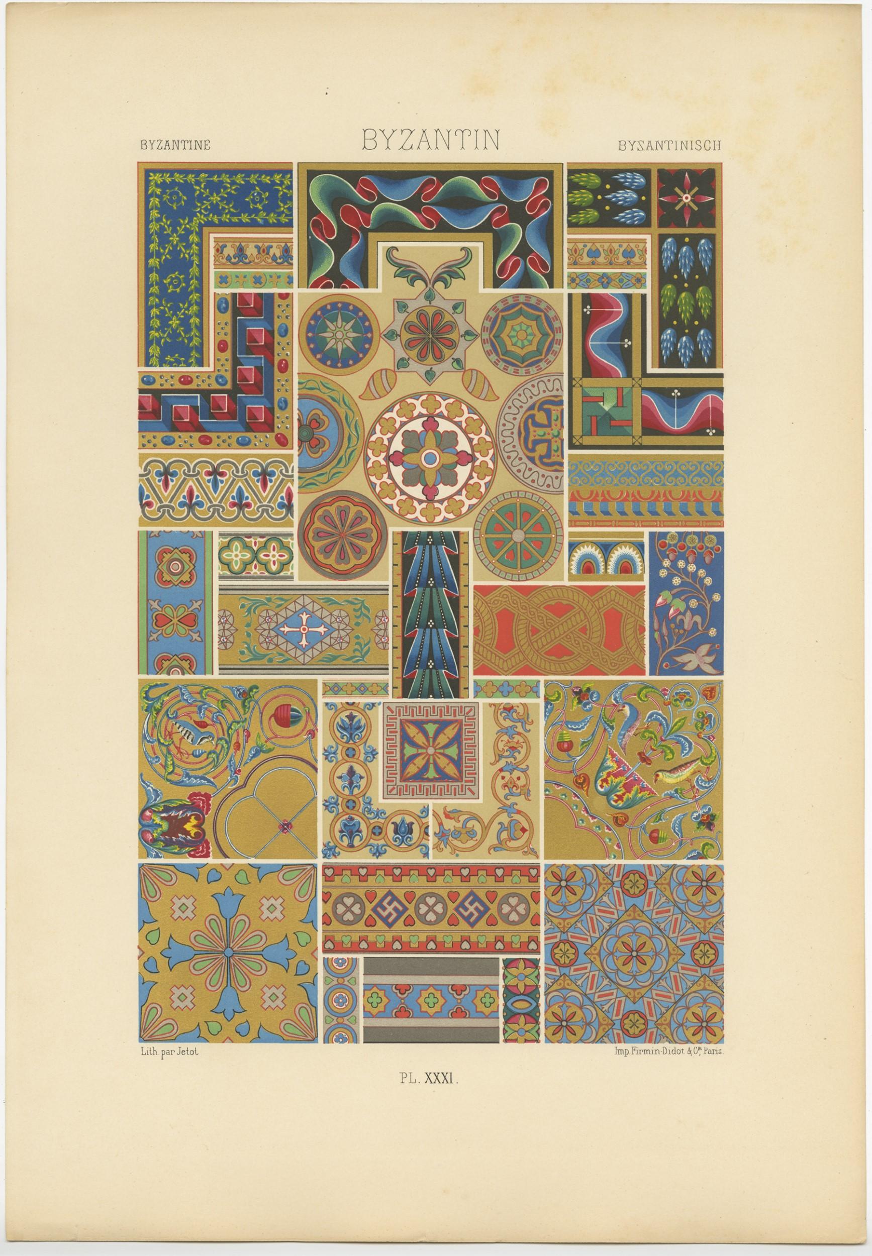 Antique print titled 'Byzantine - Byzantin - Bysantisch'. Chromolithograph of Byzantine ornaments and decorative arts. This print originates from 'l'Ornement Polychrome' by Auguste Racinet. Published circa 1890.