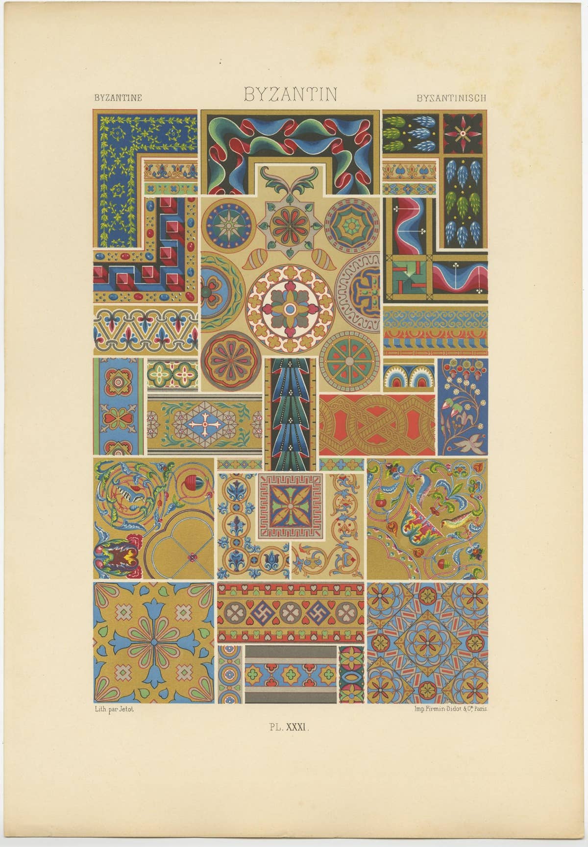 Pl. 31 Antique Print of Byzantine Ornaments by Racinet, circa 1890