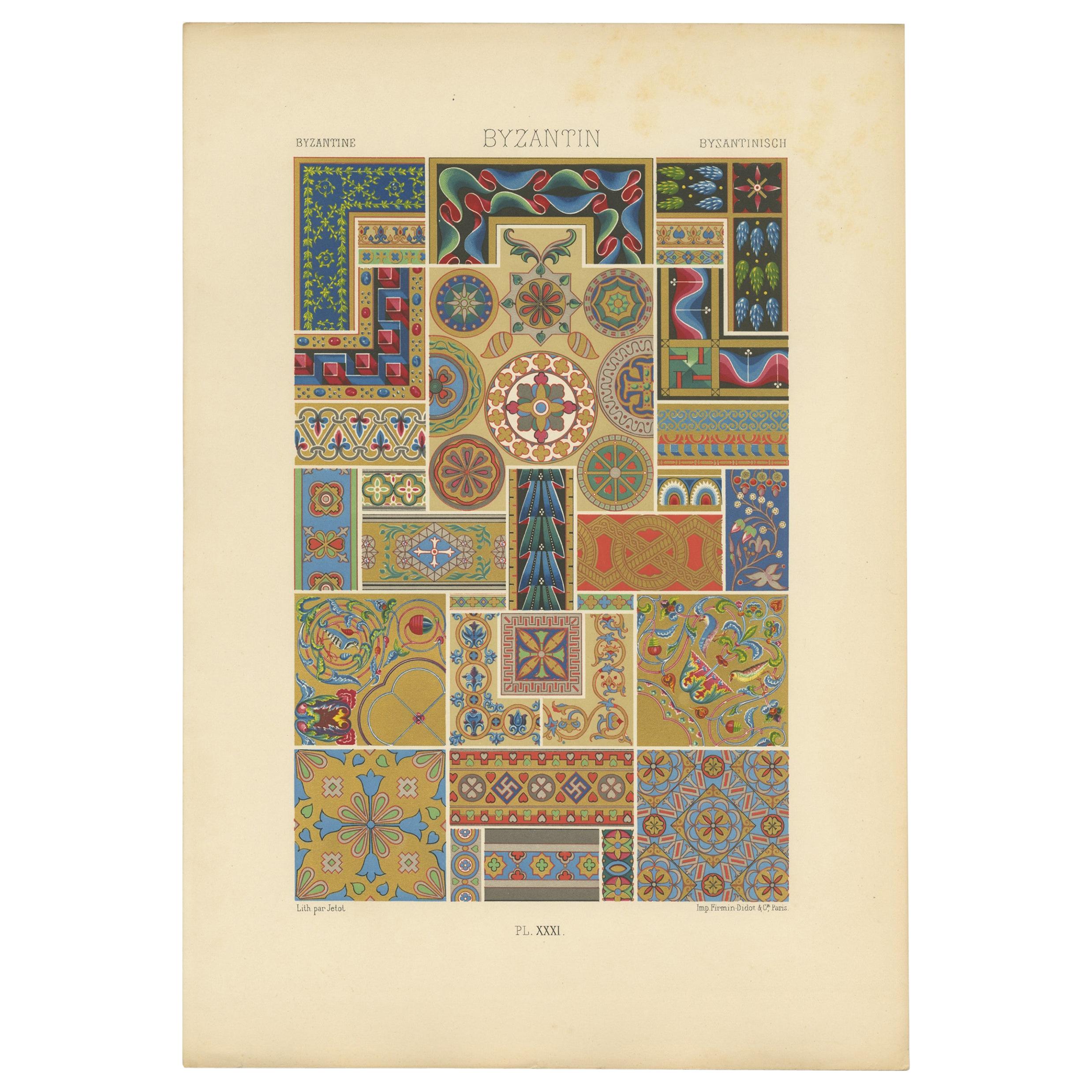 Pl. 31 Antique Print of Byzantine Ornaments by Racinet, circa 1890 For Sale