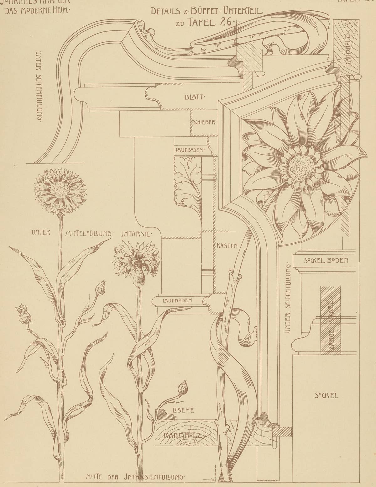 Pl. 31 Antique Print of Details of a Buffet by Kramer 'circa 1910'