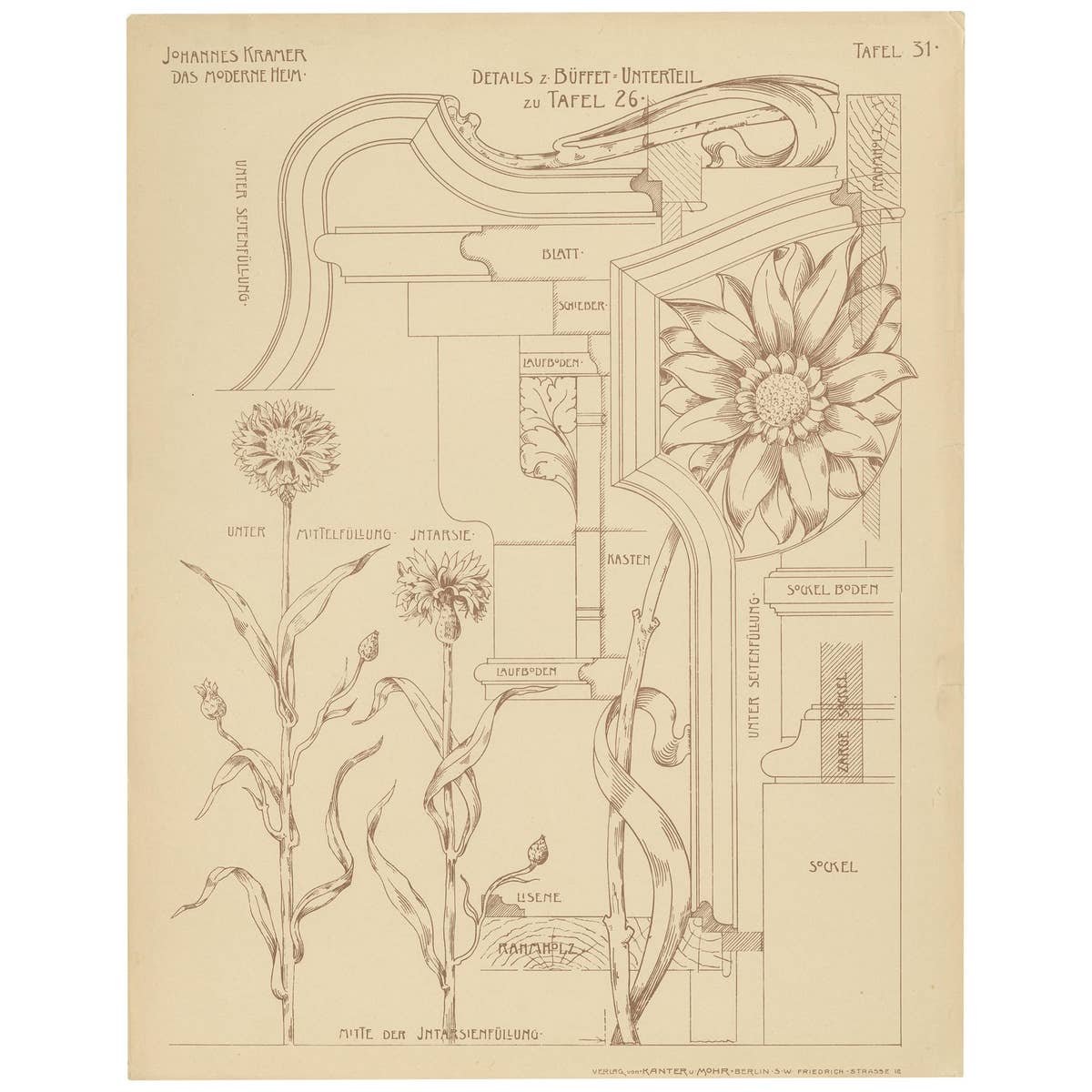 Pl. 31 Antique Print of Details of a Buffet by Kramer 'circa 1910'