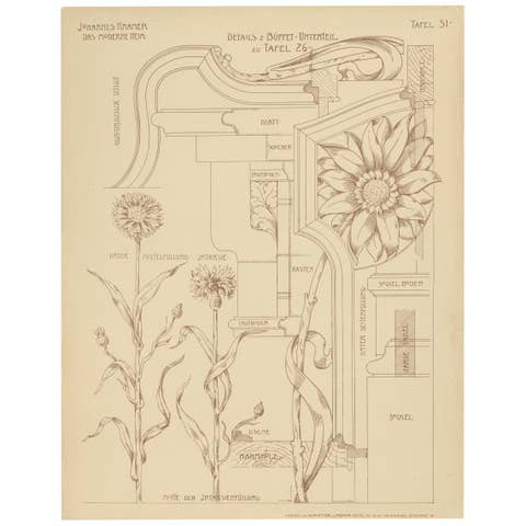 Pl. 31 Antique Print of Details of a Buffet by Kramer 'circa 1910'
