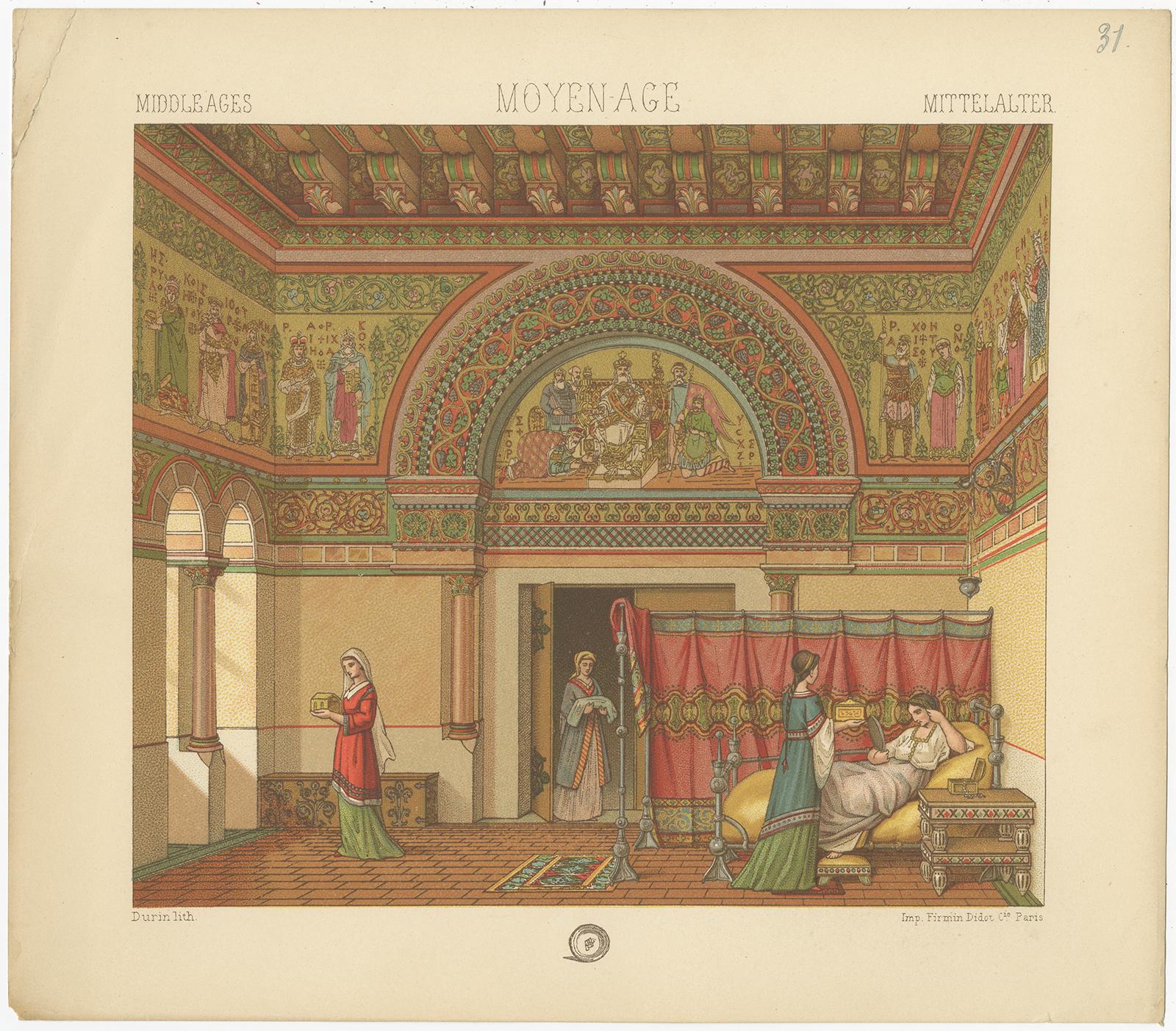 Antique print titled 'Middle Ages - Moyen Age - Mittelalter'. Chromolithograph of Middle Ages Interior. This print originates from 'Le Costume Historique' by M.A. Racinet. Published circa 1880.