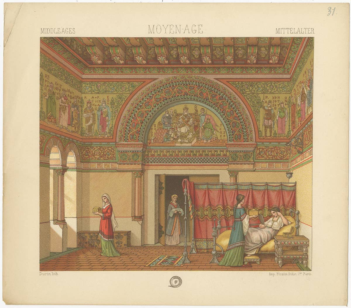 Pl. 31 Antique Print of Middle Ages Interior by Racinet 'circa 1880'