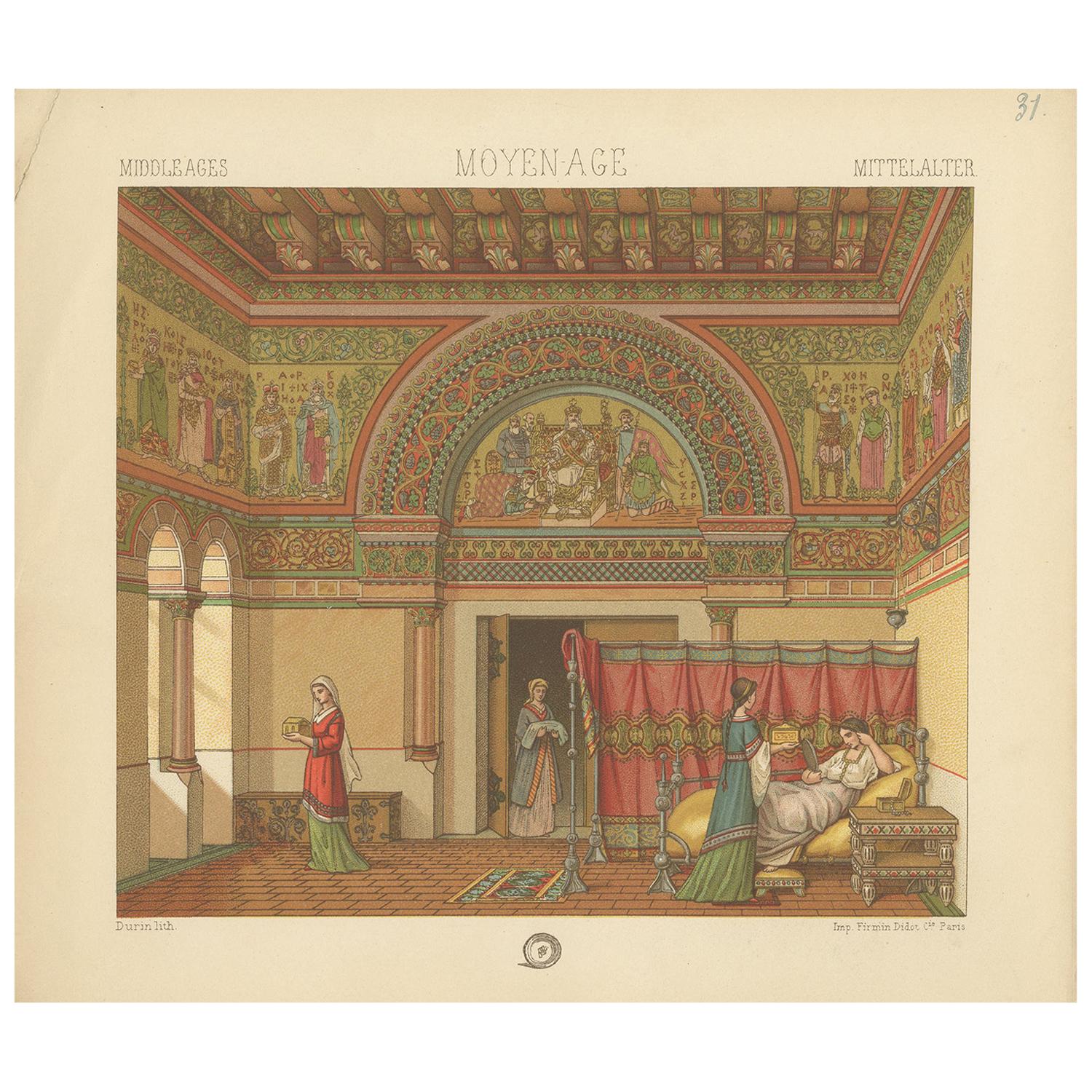 Pl. 31 Antique Print of Middle Ages Interior by Racinet 'circa 1880' For Sale