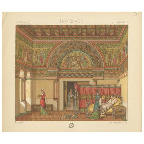 Pl. 31 Antique Print of Middle Ages Interior by Racinet 'circa 1880'