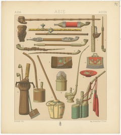 Pl. 32 Antique Print of Asian Smoking Pipes by Racinet, 'circa 1880'