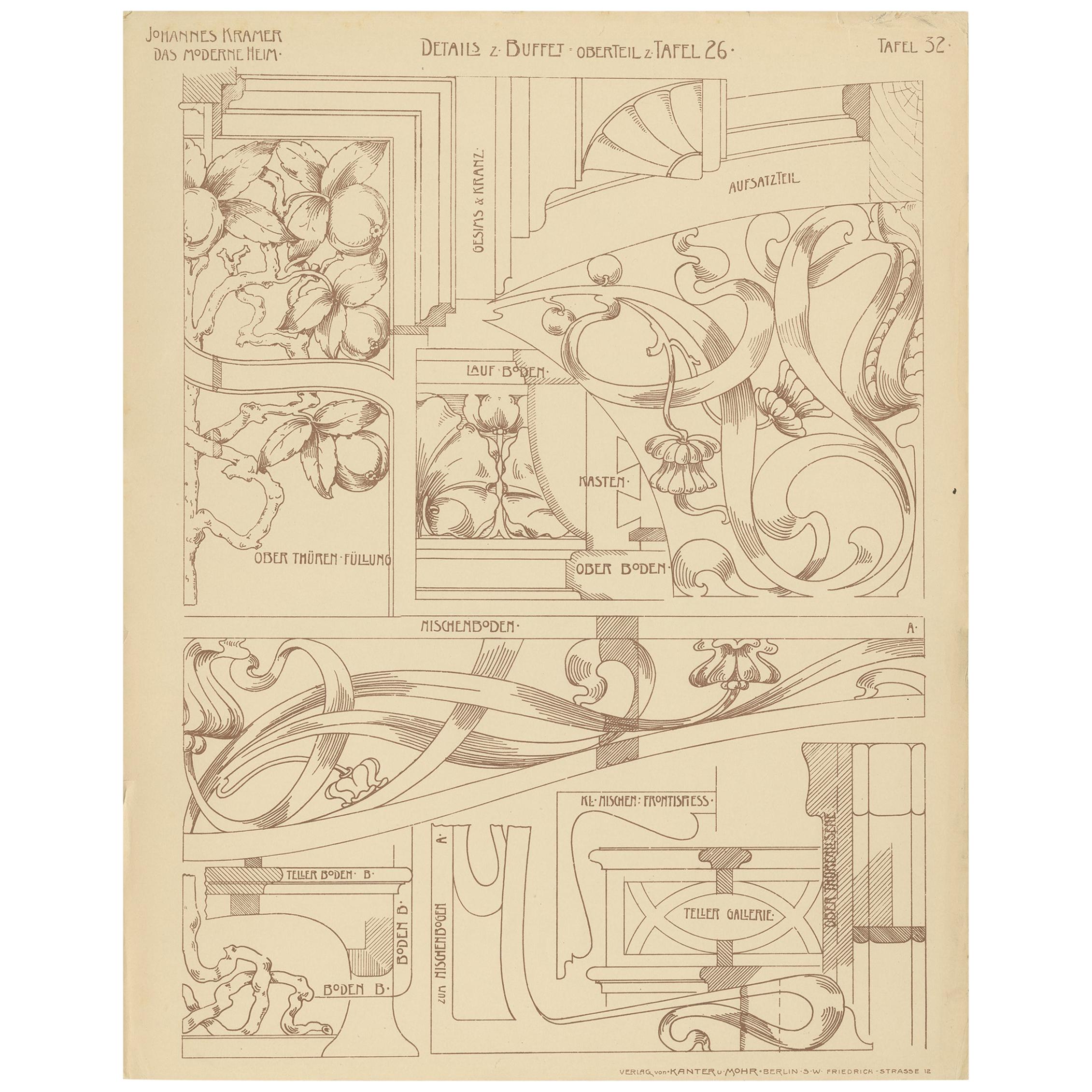 Pl. 32 Antique Print of Details of a Buffet by Kramer, circa 1910
