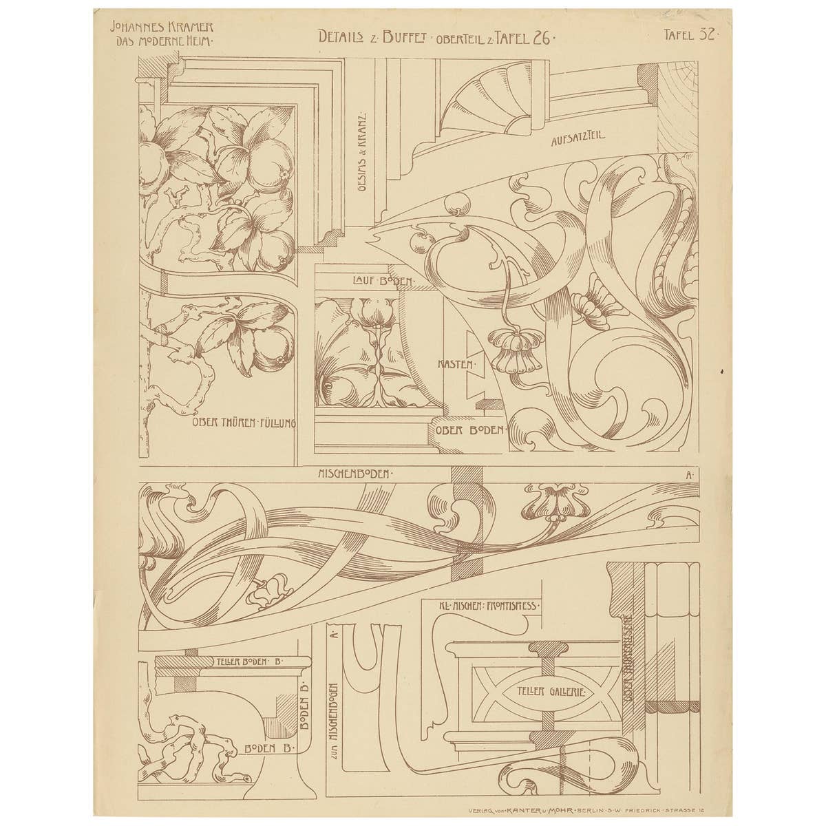Pl. 32 Antique Print of Details of a Buffet by Kramer, circa 1910
