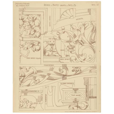 Pl. 32 Antique Print of Details of a Buffet by Kramer, circa 1910