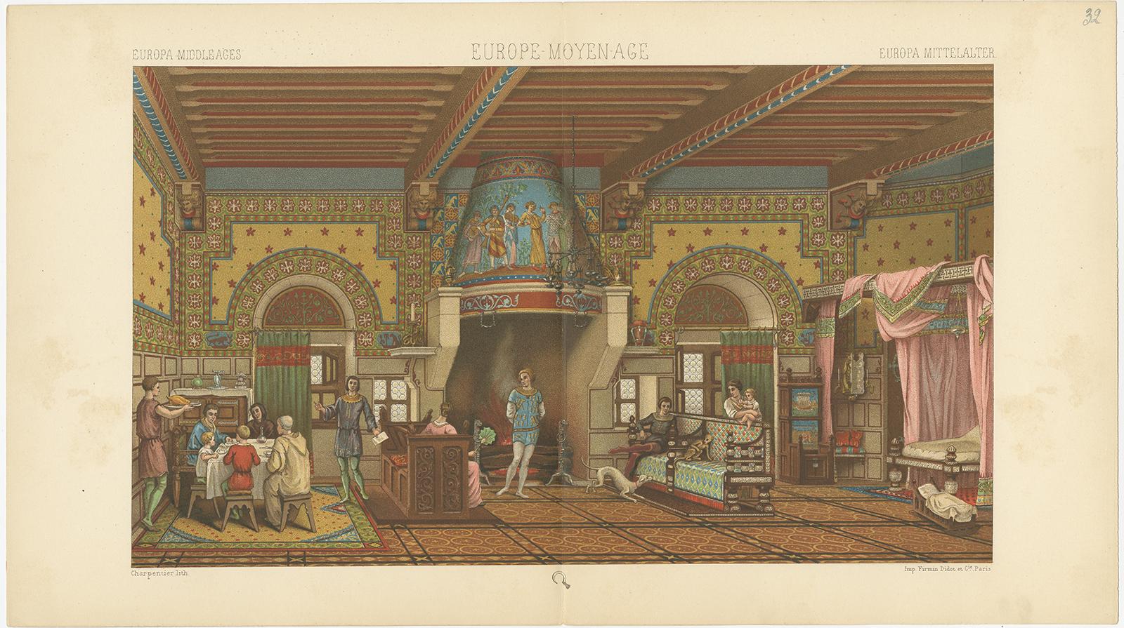 Antique print titled 'Europa Middle Ages - Europe Moyen Age - Europa Mittelalter'. Chromolithograph of European Middle Ages Living Room. This print originates from 'Le Costume Historique' by M.A. Racinet. Published circa 1880.