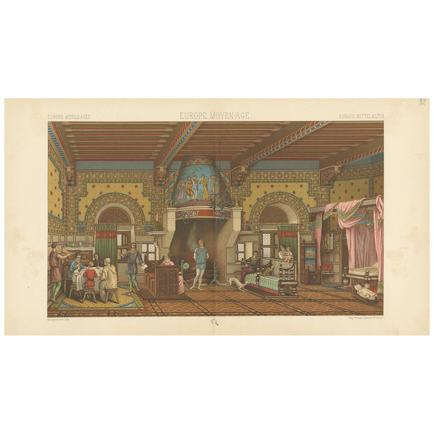 Pl. 32 Antique Print of European Middle Ages Living Room by Racinet 'circa 1880'