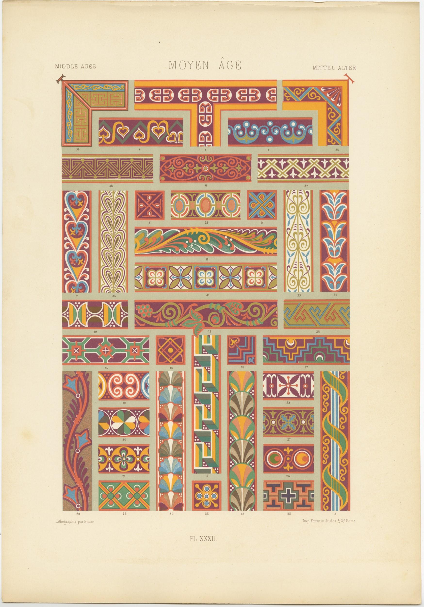 Antique print titled 'Middle Ages - Moyen Âge - Mittel Alter'. Chromolithograph of Middle Ages ornaments and decorative arts. This print originates from 'l'Ornement Polychrome' by Auguste Racinet. Published circa 1890.