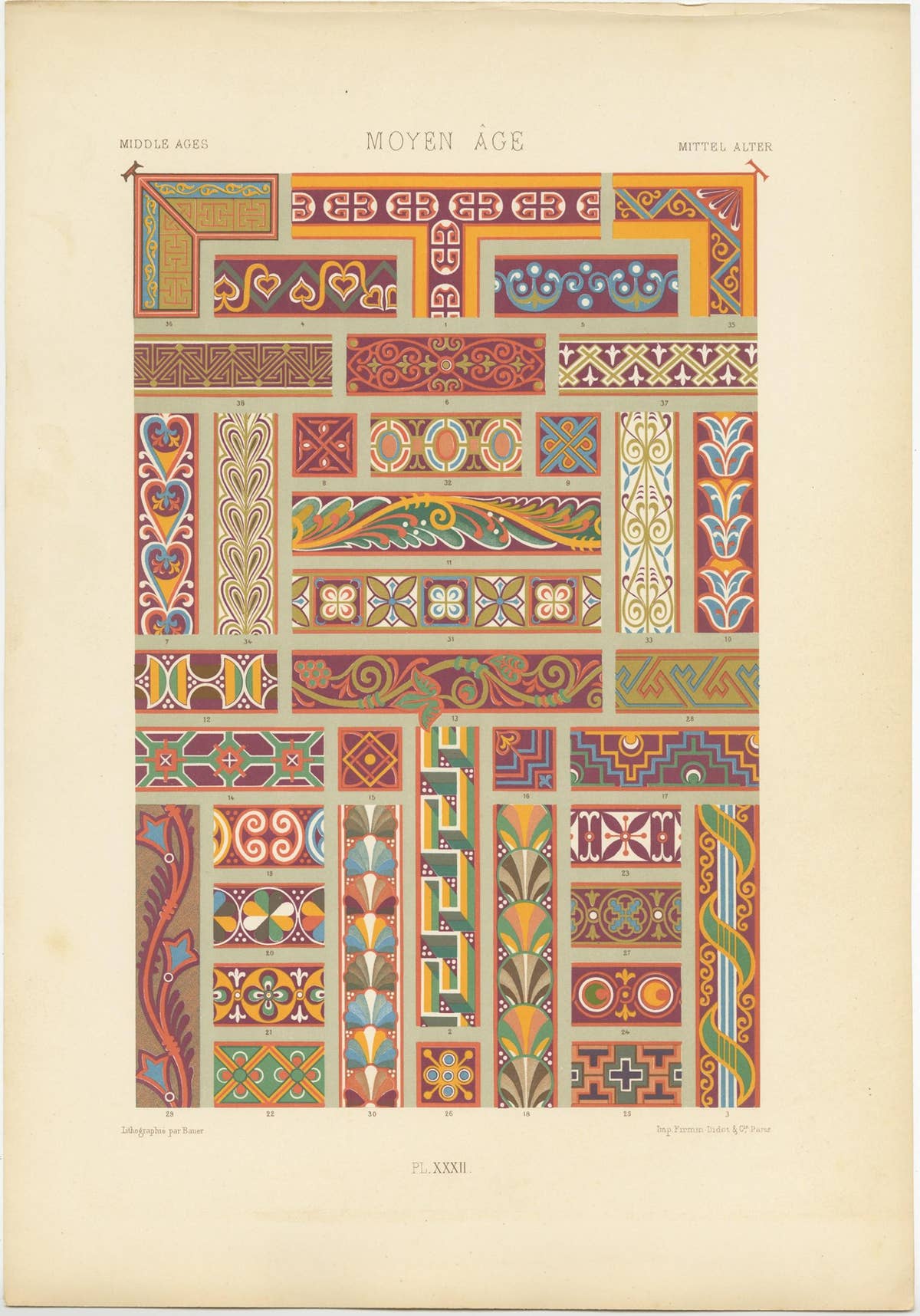 Pl. 32 Antique Print of Middle Ages Ornaments by Racinet (c.1890)