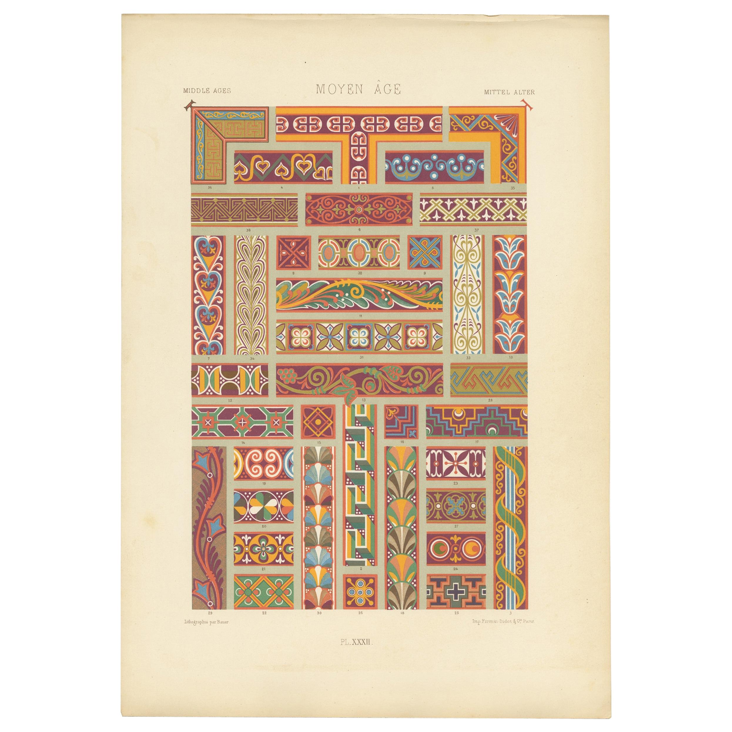 Pl. 32 Antique Print of Middle Ages Ornaments by Racinet (c.1890) For Sale